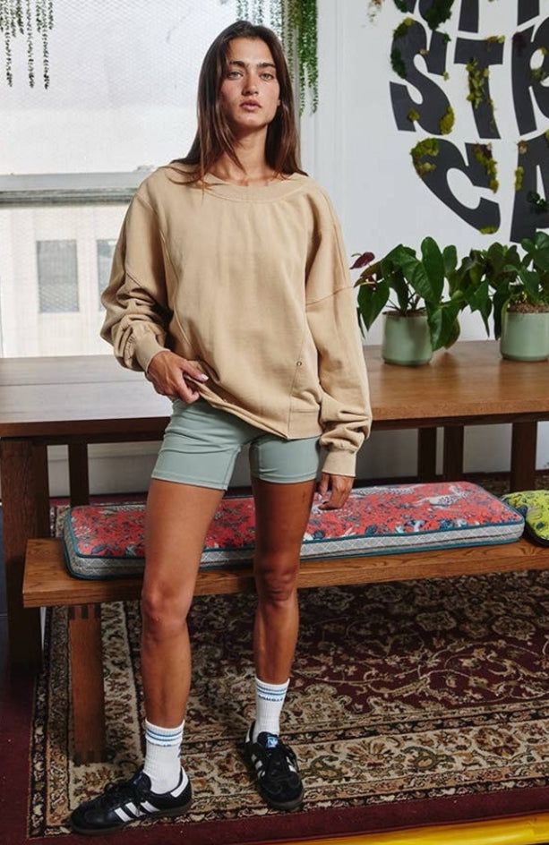 BUCKETLIST Taupe Reversible Twist-Front Washed Terry Sweatshirt Top BUCKETLIST