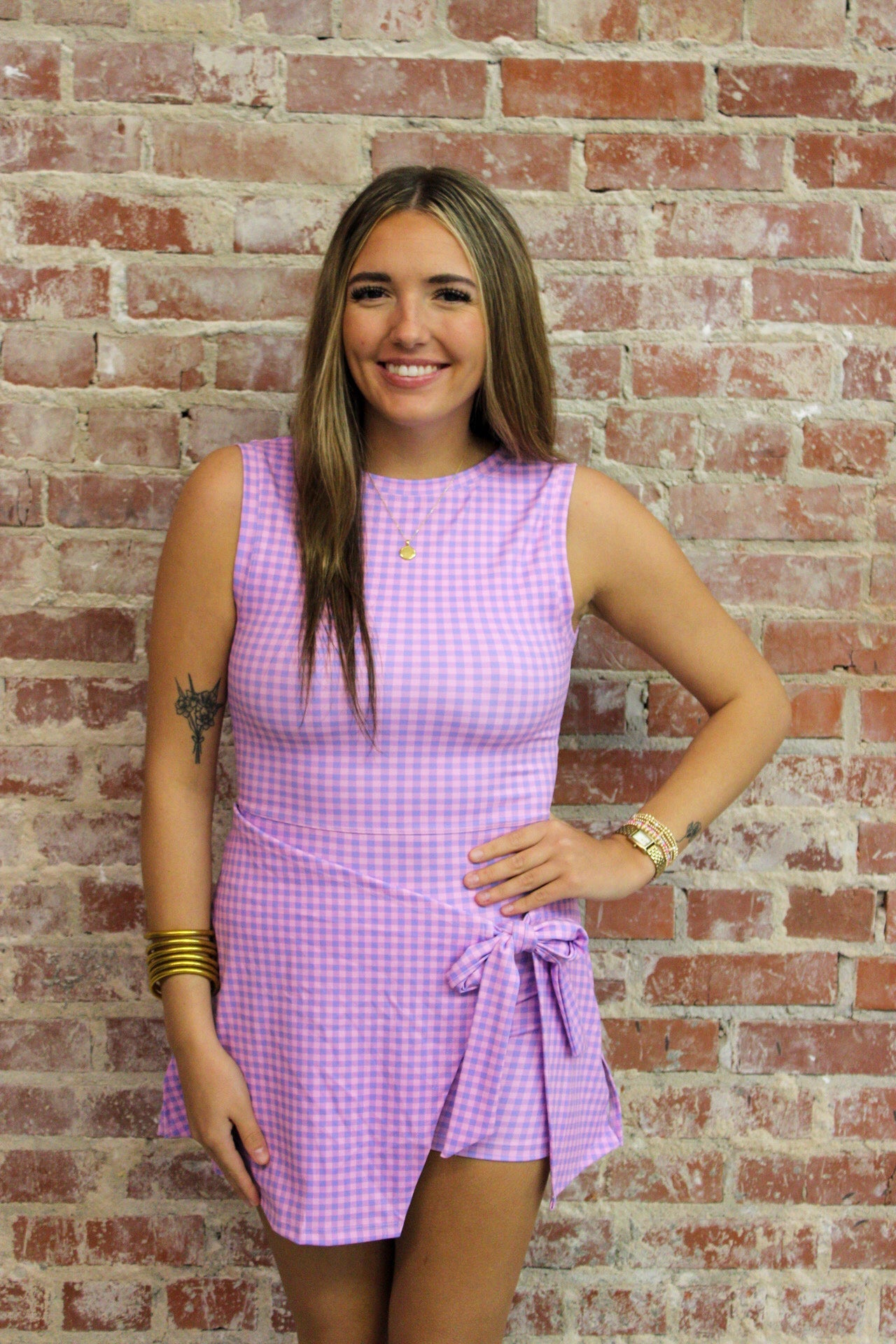 KIMBERLY C Purple Gingham Gingham Print Sleeveless Wrap Tie Front Dress KIMBERLY C