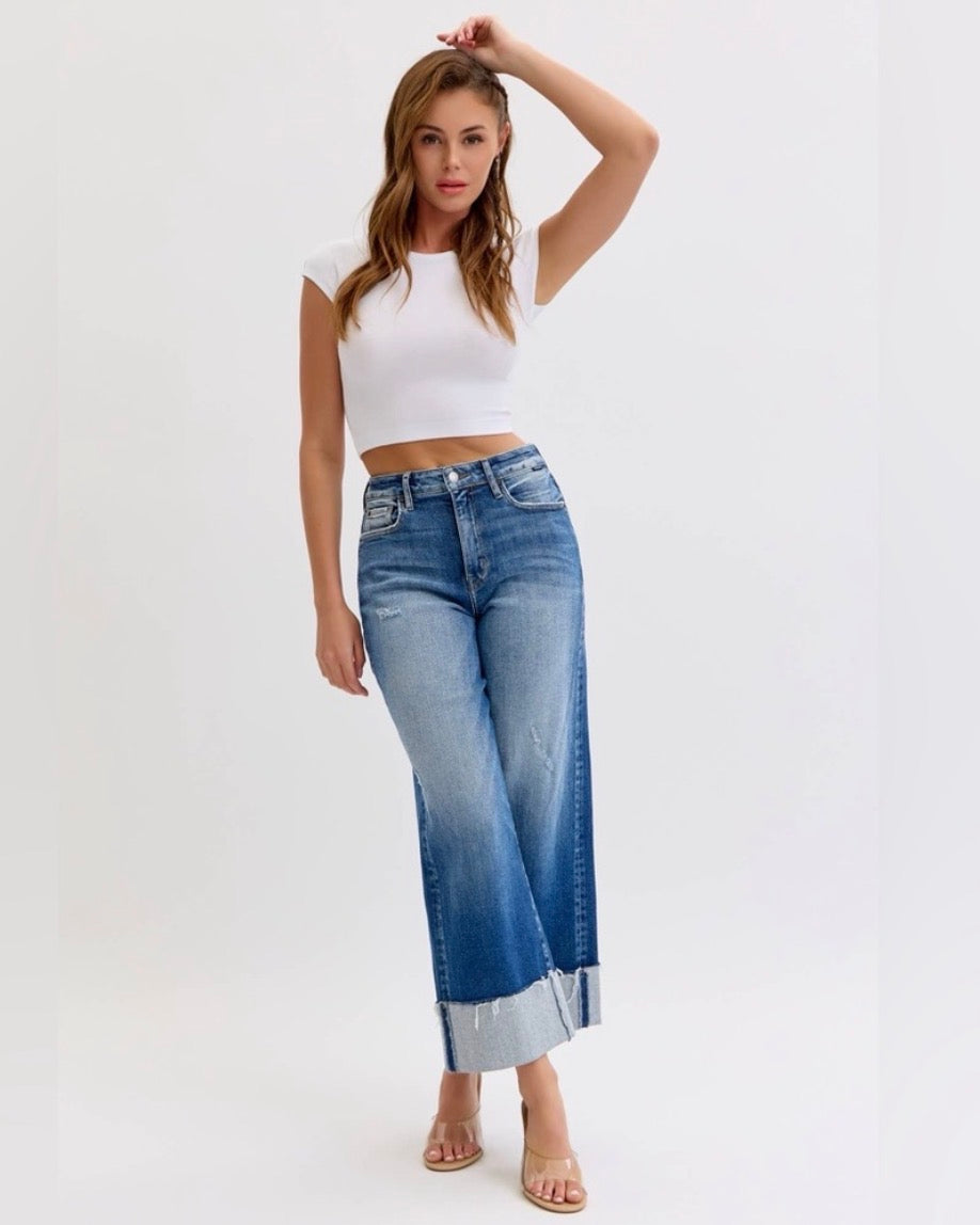 Cello Jeans Medium Wash  High Rise Crop Wide Leg With Cuff Jeans Cello Jeans