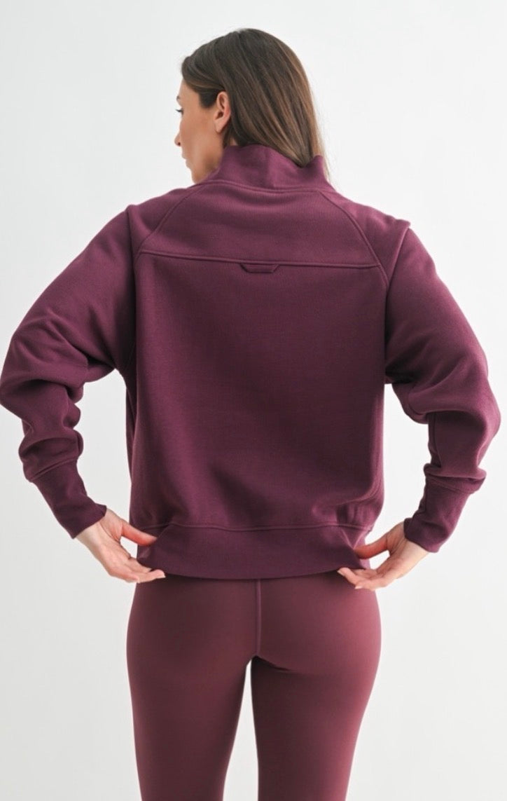 Mono B Dark Plum Fleece Mock Neck Sweater &  Crossover Waist Yoga Pants Set Mono B