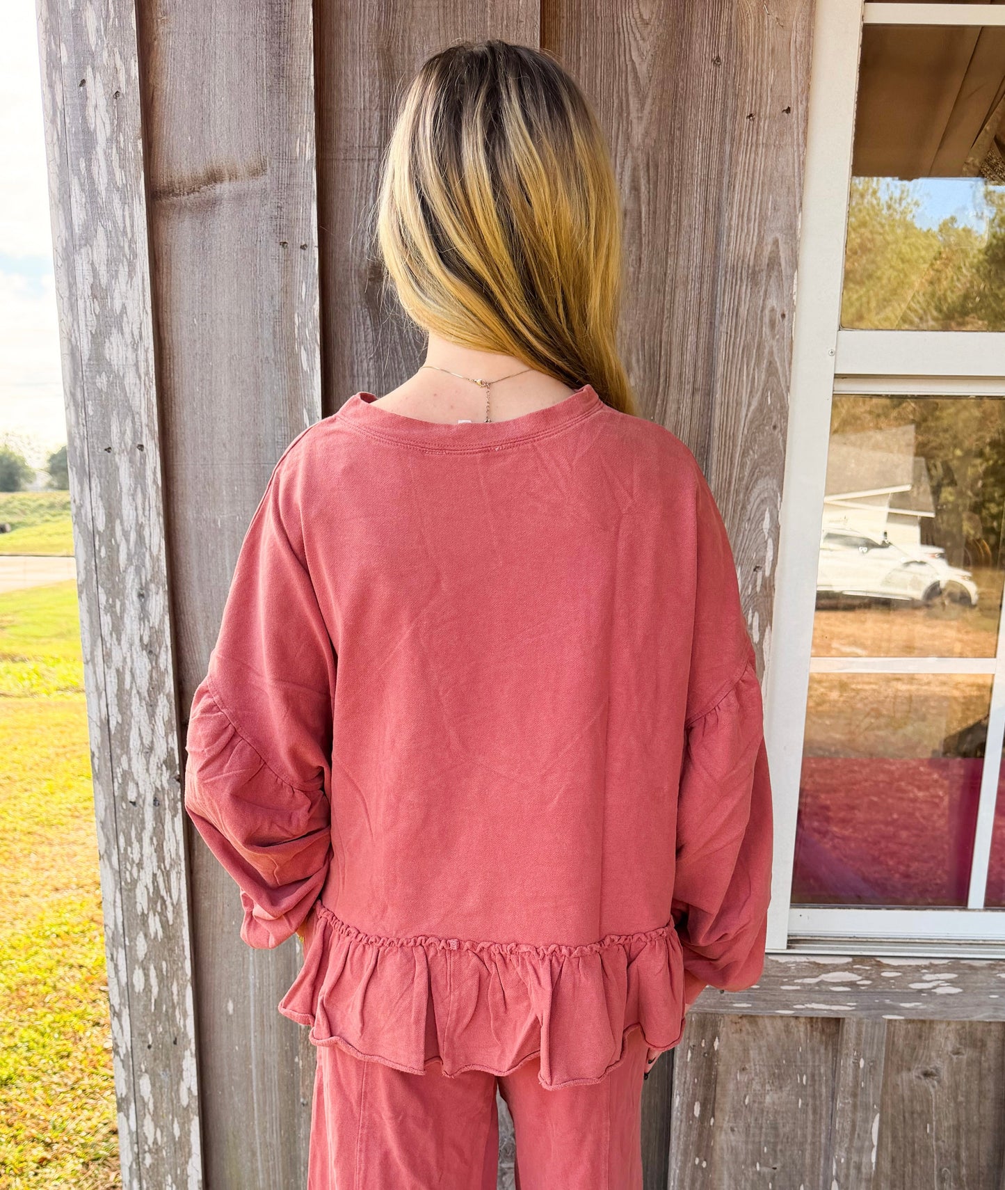 Peach Love California Washed Cut Edge Ruffle Hem Detailed Sweatshirt Peach Love California