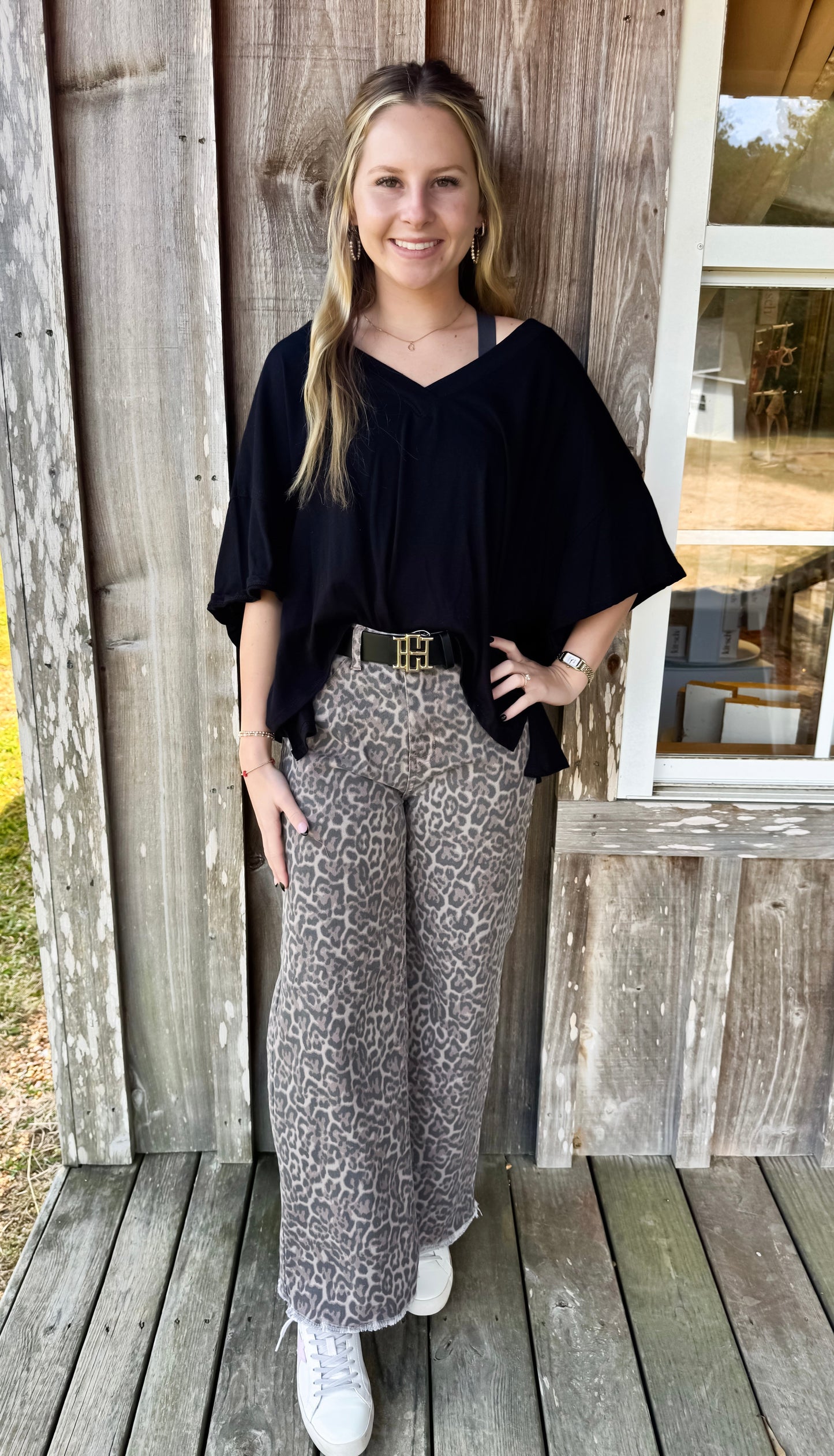 Leopard Frayed Edge Wide Leg High Waist Jeans Babs + Birdie