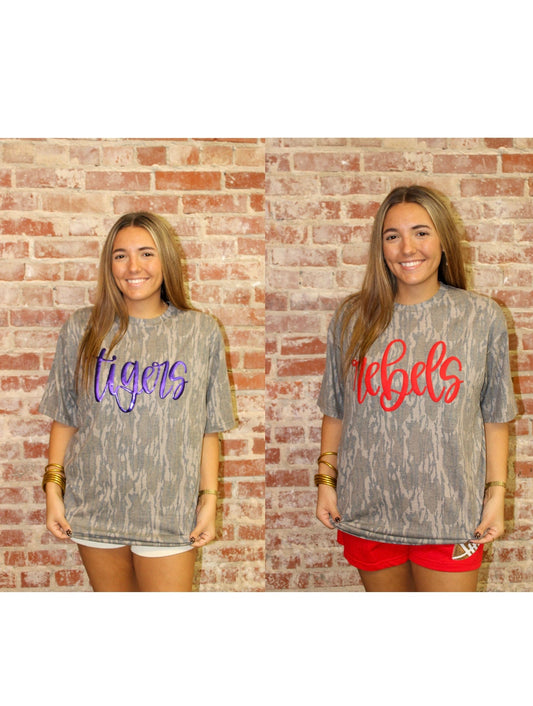 Bottomland Camo Team Fancy Cursive Puff Graphic Dash Forward Wholesale