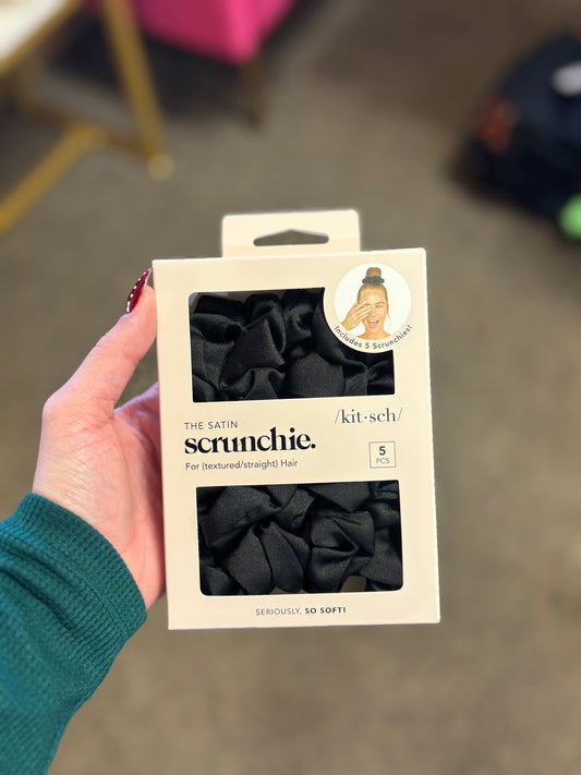 Black 5 Piece Bundle Of Satin Sleep Scrunchies KITSCH