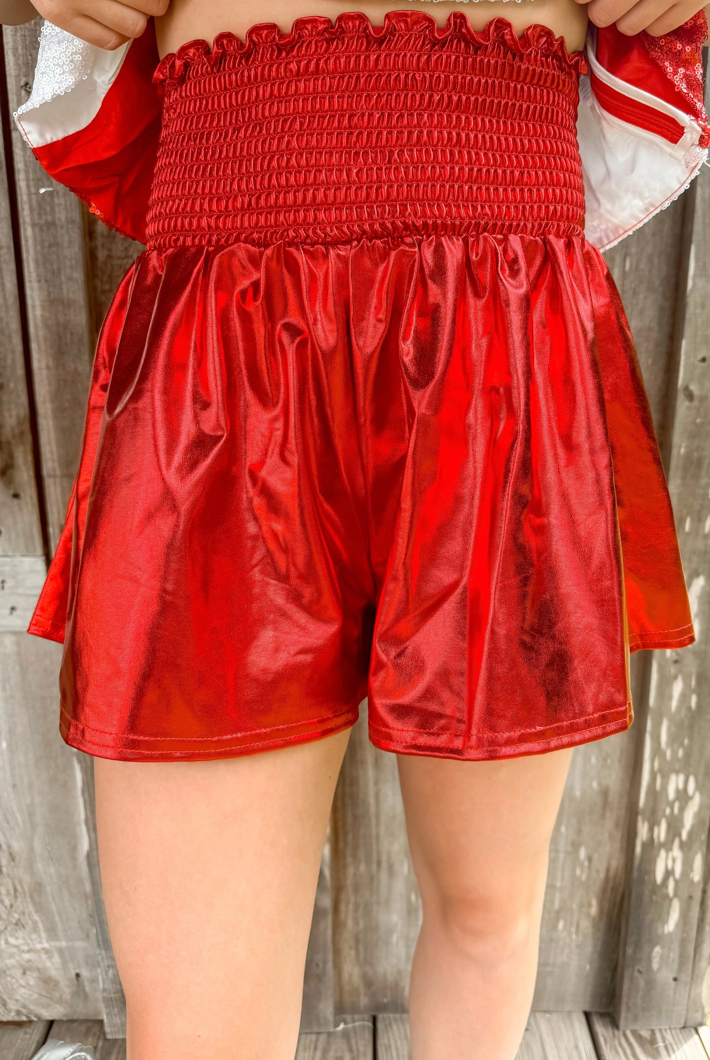 Glamorous Gameday Smocked Metallic Shorts peach love california