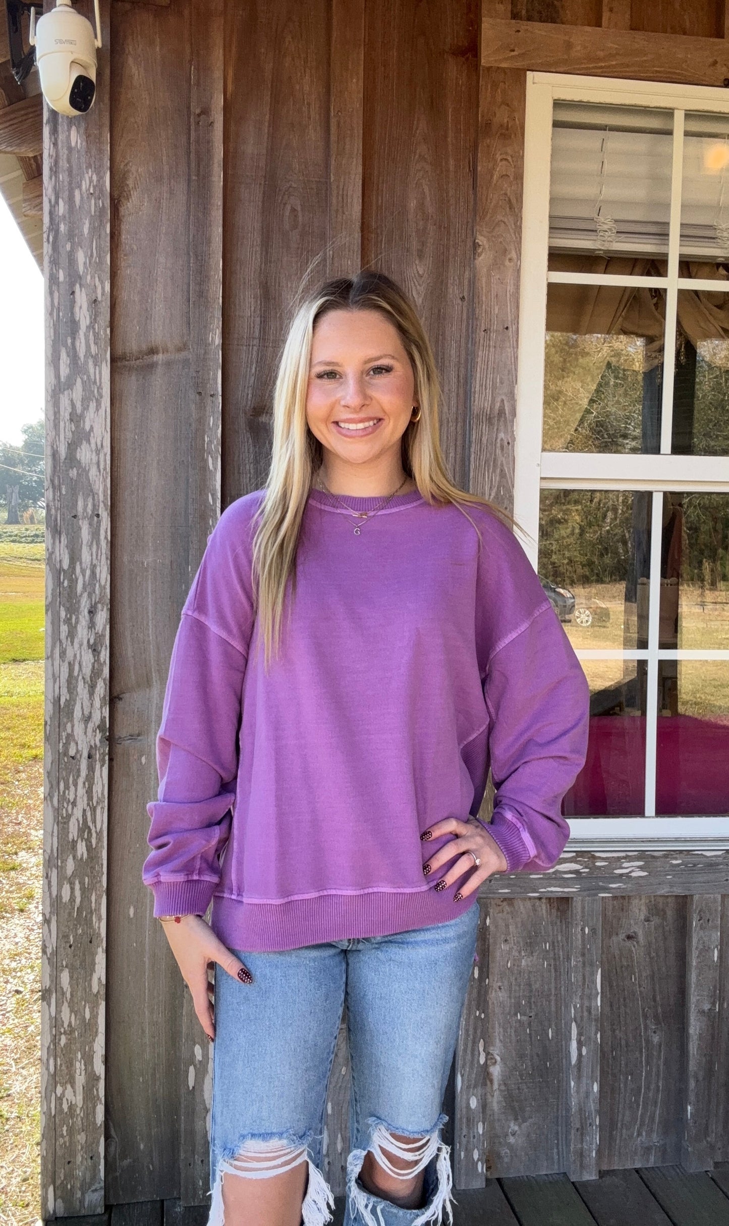 ZENANA Lt Plum French Terry Pigment Dye & Enzyme Washing Pullover zenana
