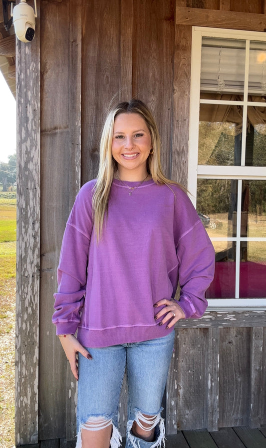 ZENANA Lt Plum French Terry Pigment Dye & Enzyme Washing Pullover zenana