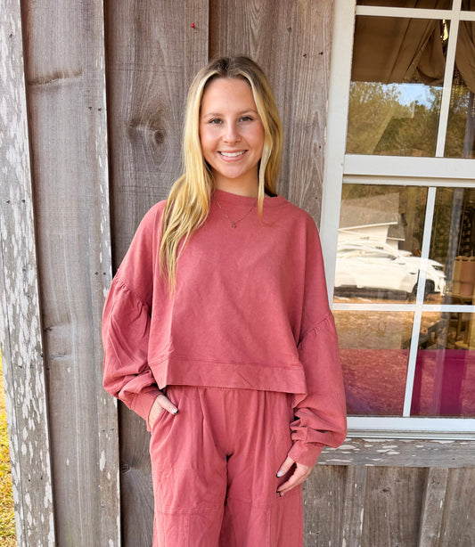 Peach Love California Washed Cut Edge Ruffle Hem Detailed Sweatshirt Peach Love California