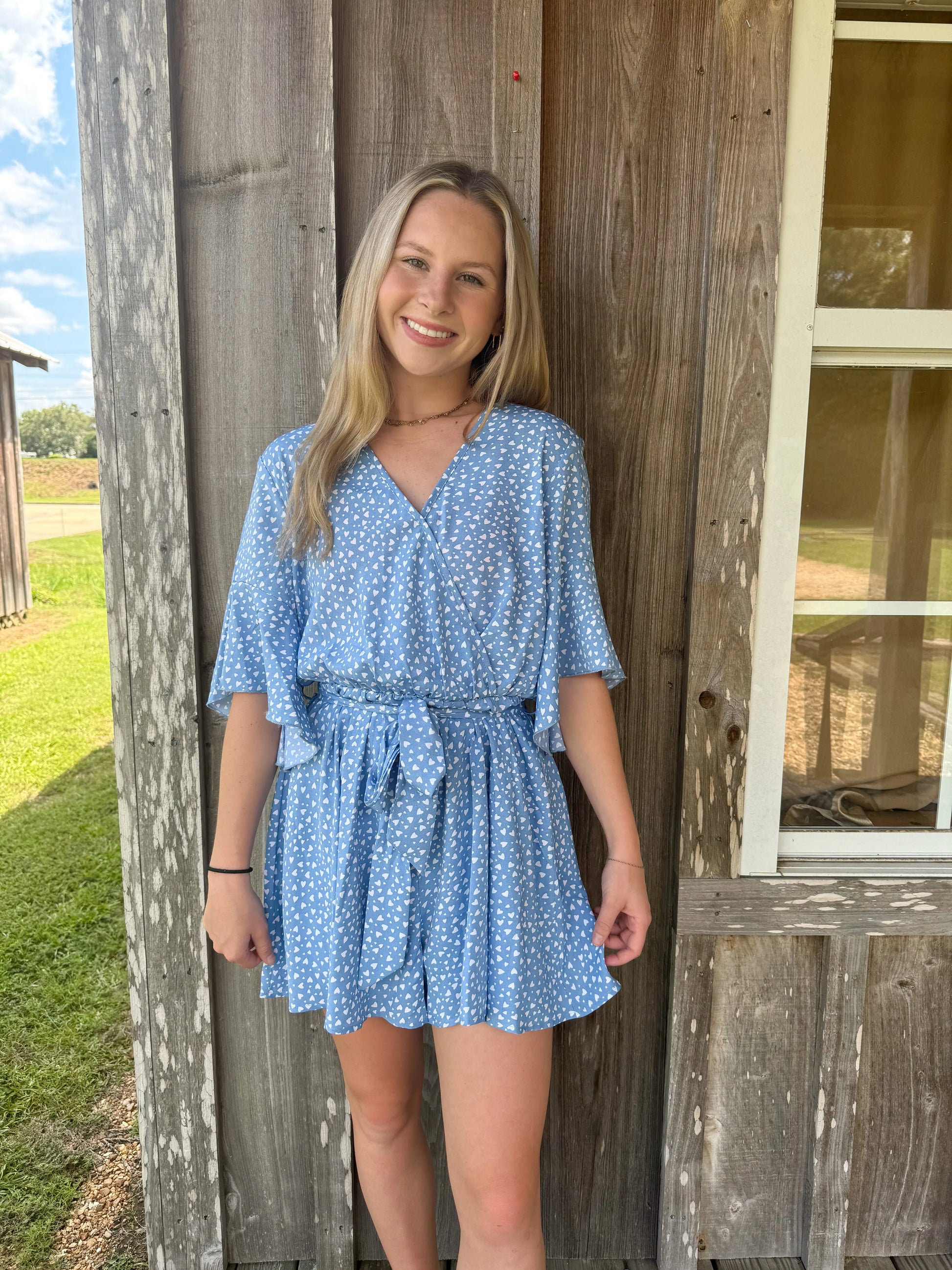 Mini Heart Printed Kimono Sleeve Faux Wrap Romper ELOOK