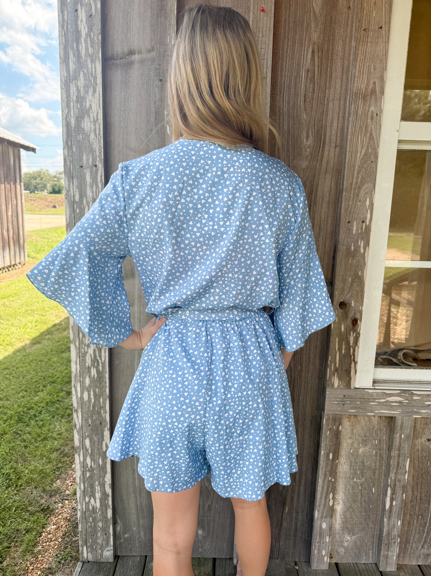 Mini Heart Printed Kimono Sleeve Faux Wrap Romper