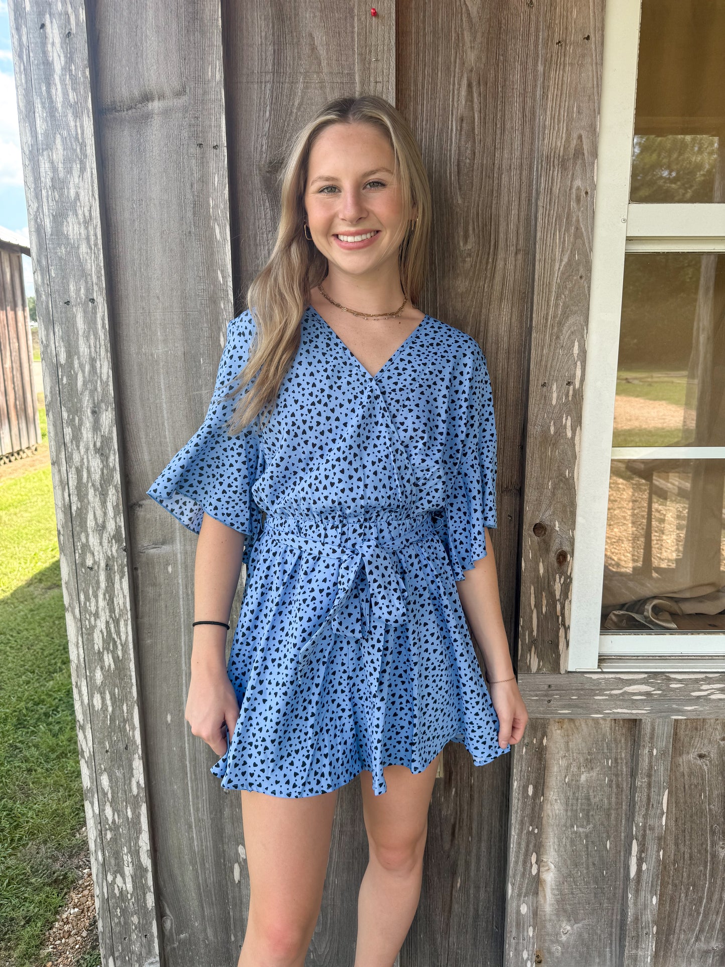 Mini Heart Printed Kimono Sleeve Faux Wrap Romper