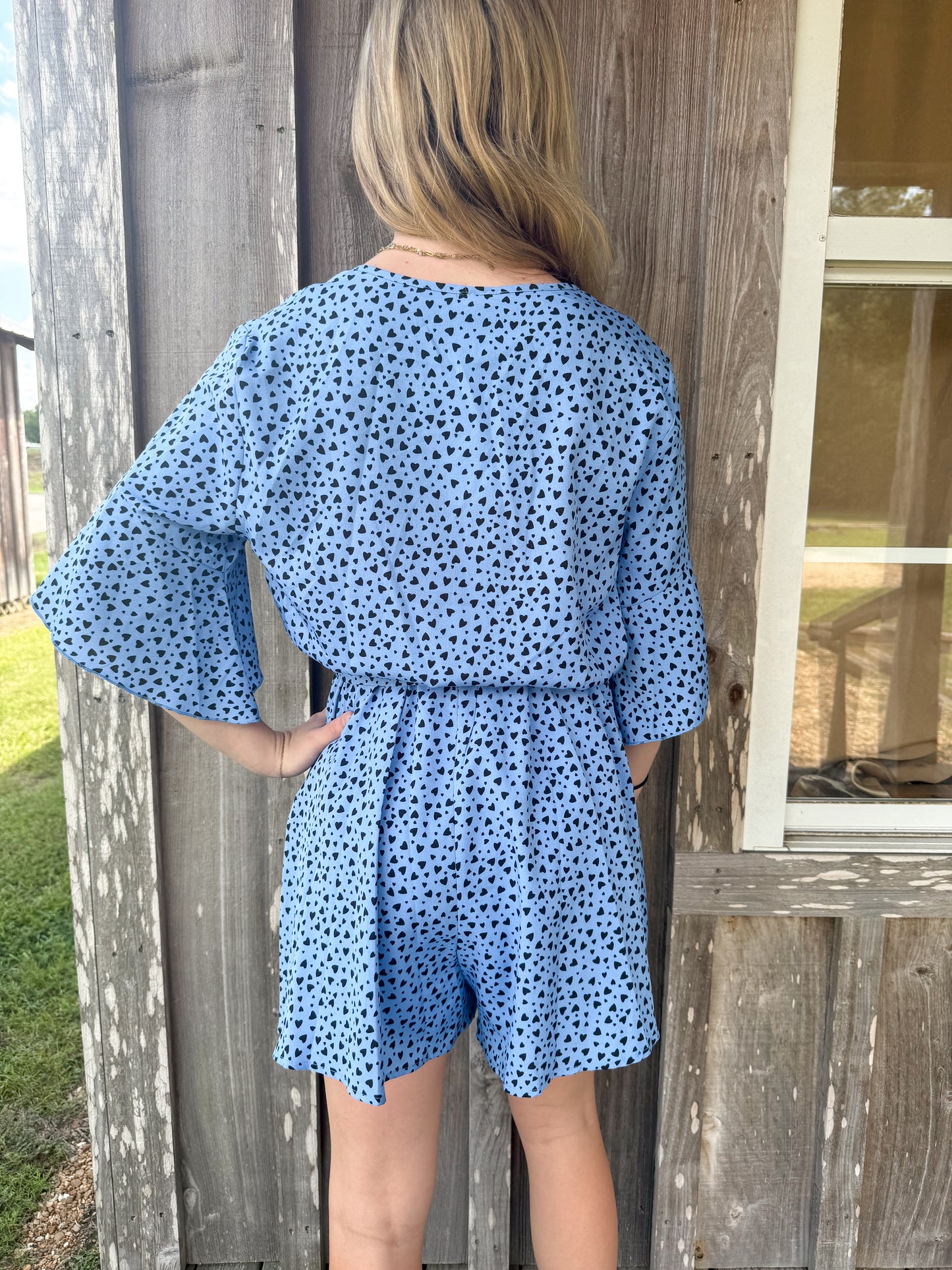 Mini Heart Printed Kimono Sleeve Faux Wrap Romper