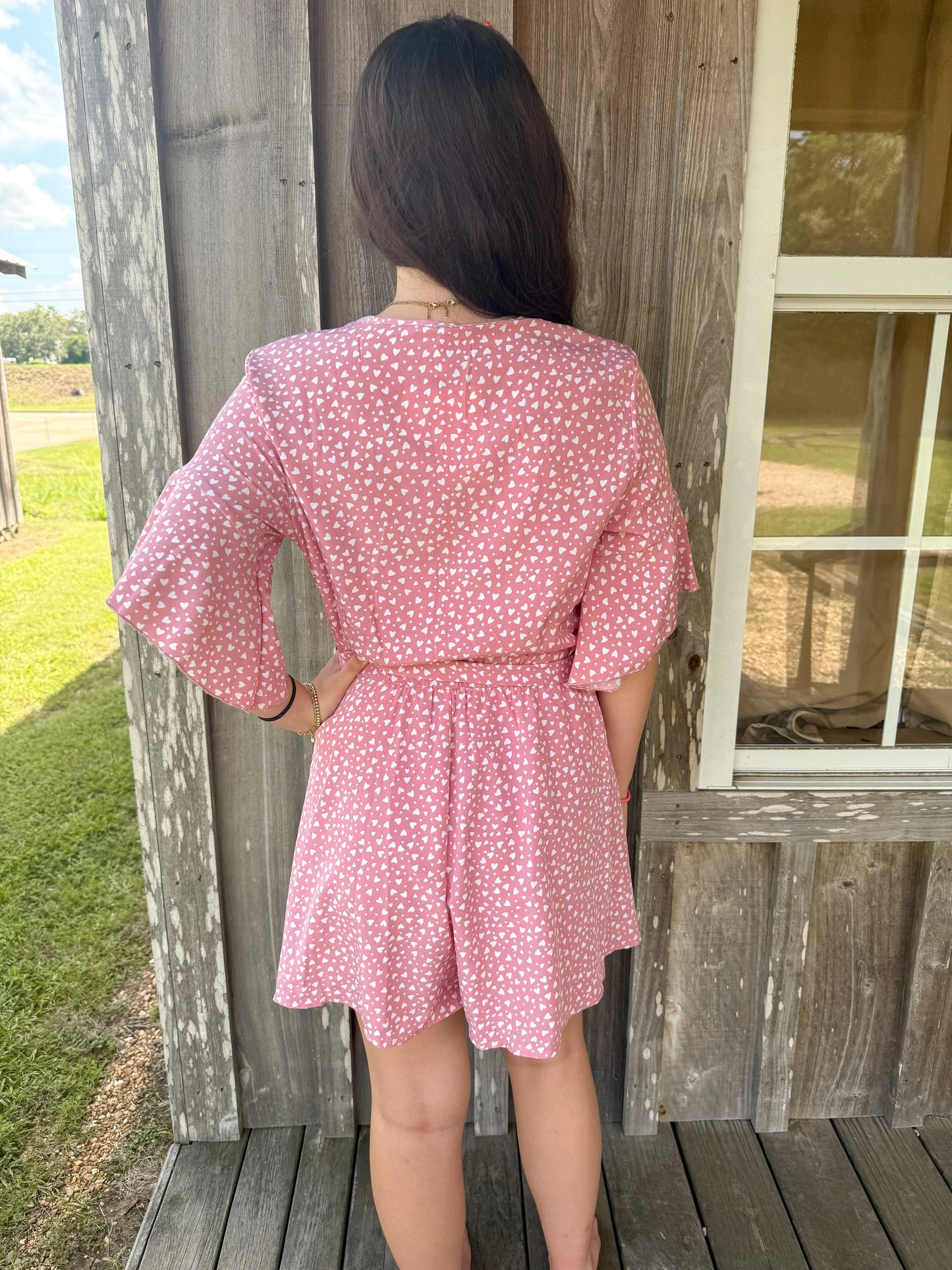 Mini Heart Printed Kimono Sleeve Faux Wrap Romper ELOOK