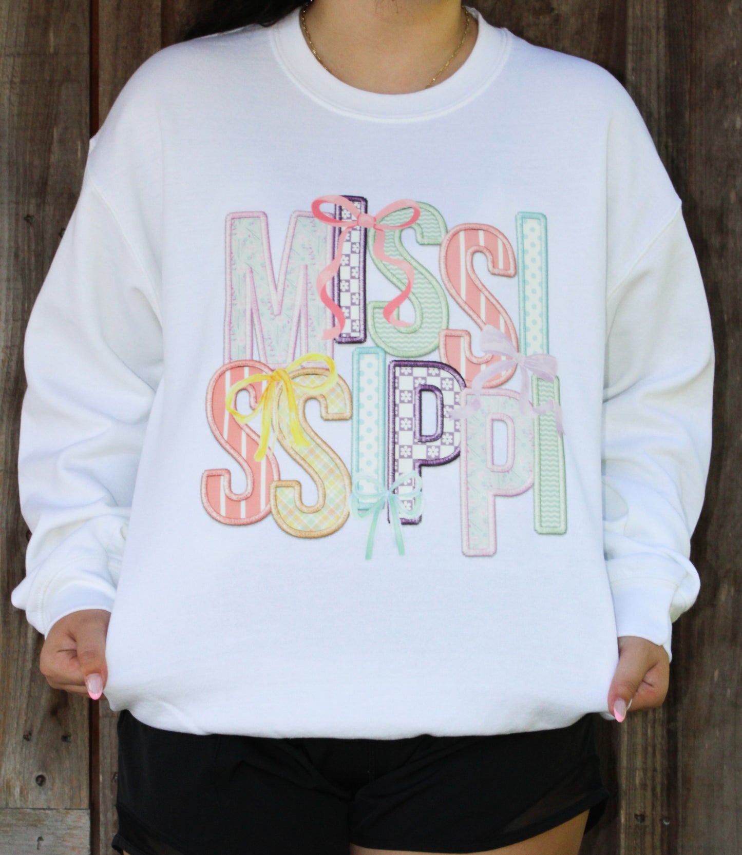 Mississippi Coquette Faux Embroidery, White Sweatshirt Trendy Transfers