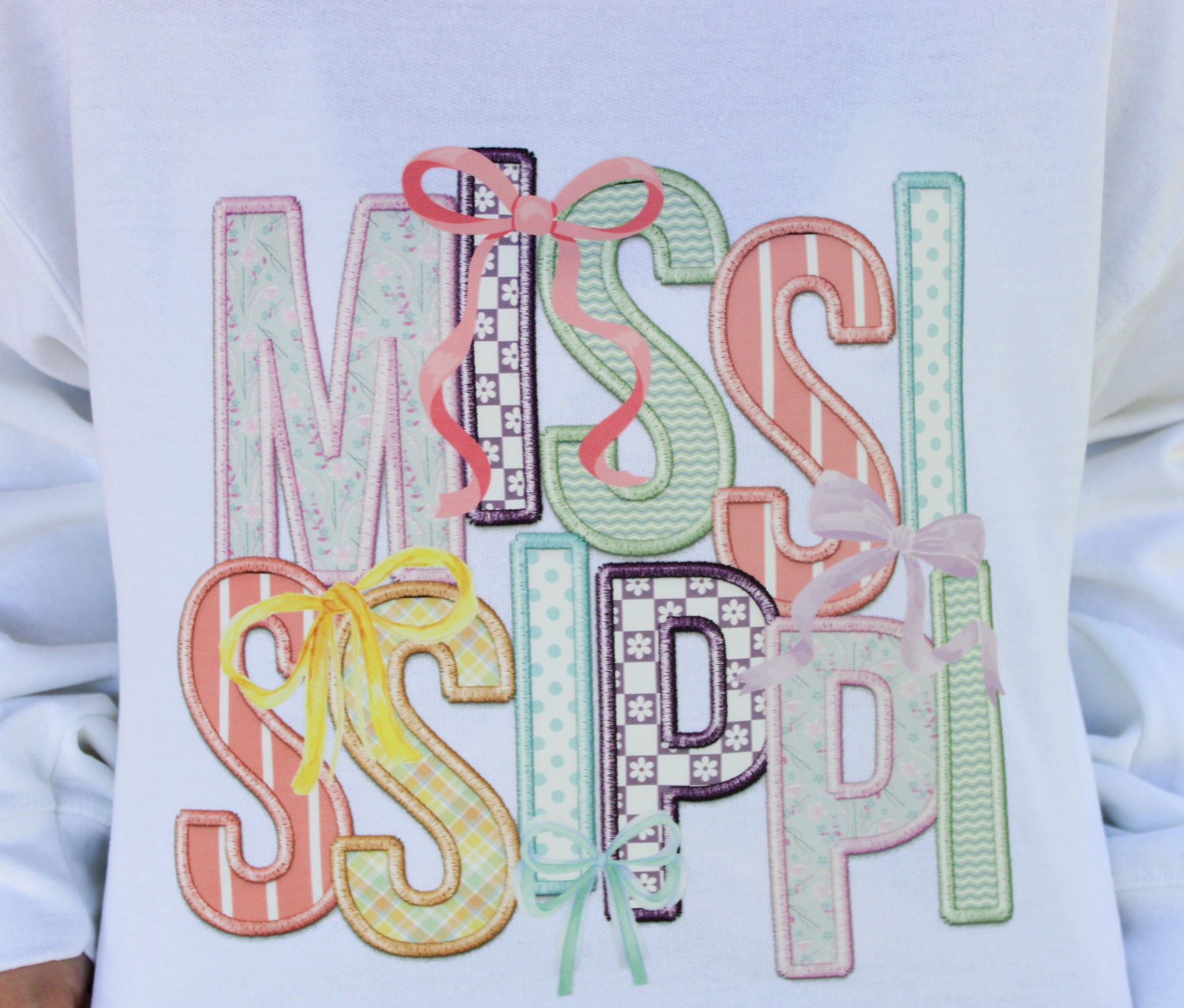 Mississippi Coquette Faux Embroidery, White Sweatshirt Trendy Transfers