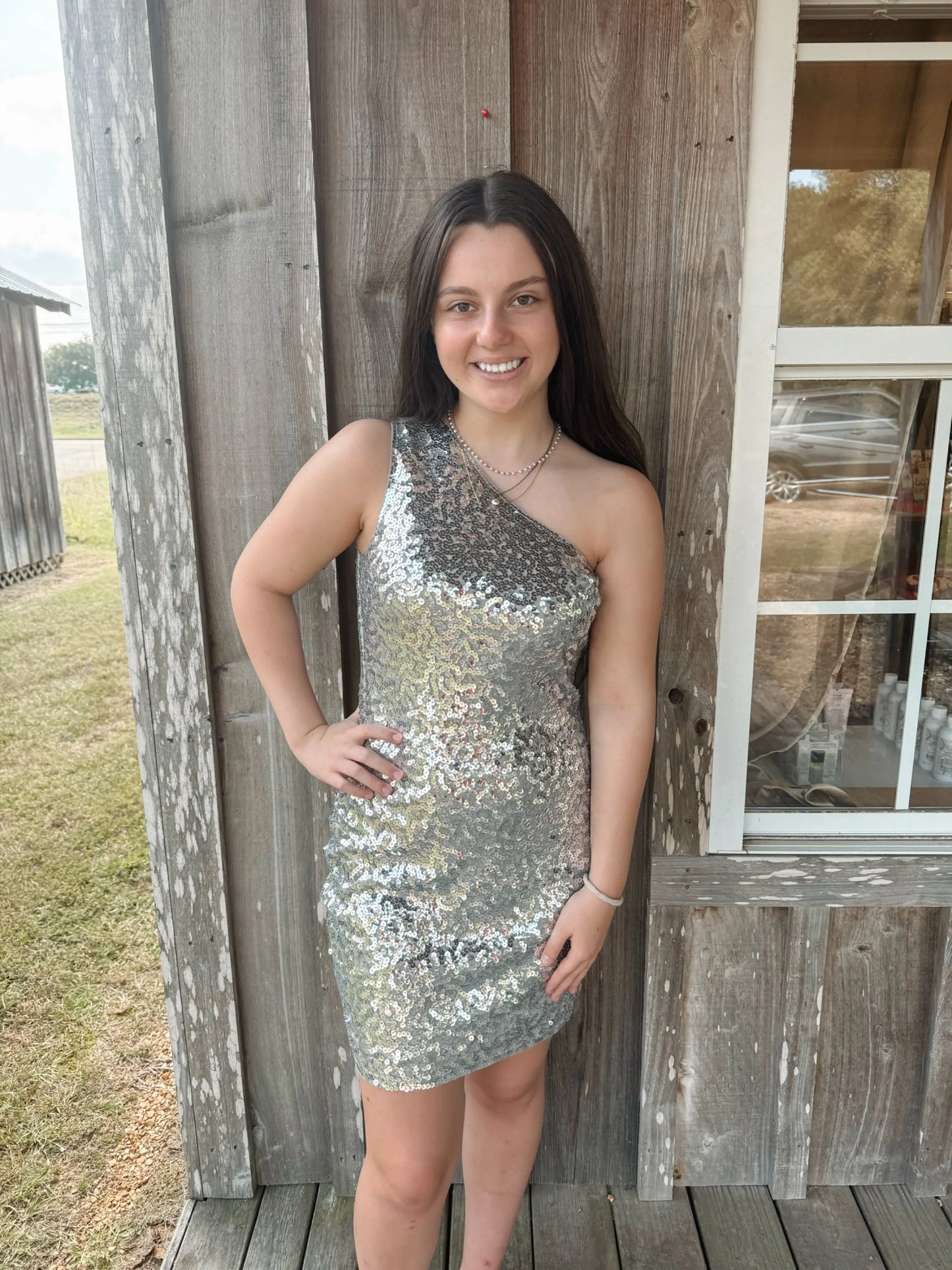 One Shoulder Sequin Stretchy Body Con Mini Dress anna kaci