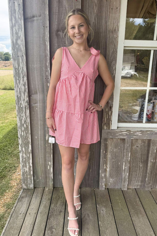 Red Plaid Bow-Strap V-Neck Ruffled Mini Dress Rosa Clothing