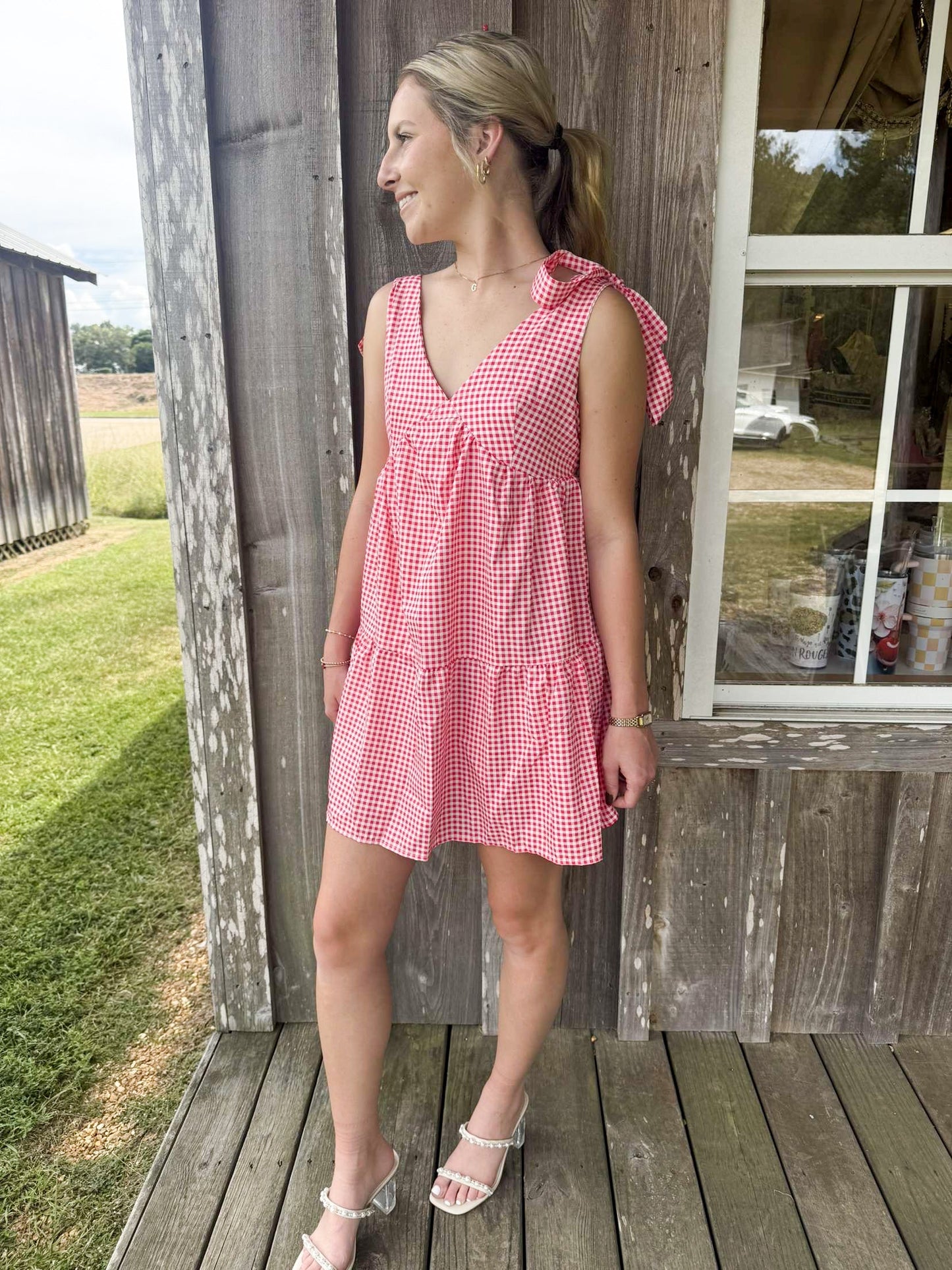 Red Plaid Bow-Strap V-Neck Ruffled Mini Dress Rosa Clothing