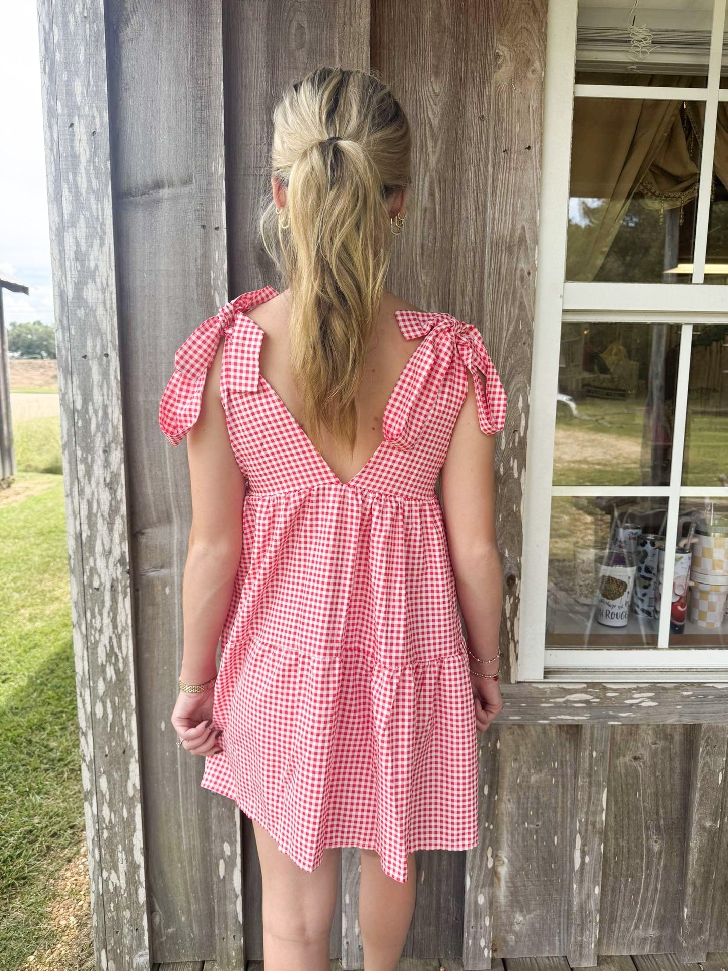 Red Plaid Bow-Strap V-Neck Ruffled Mini Dress Rosa Clothing