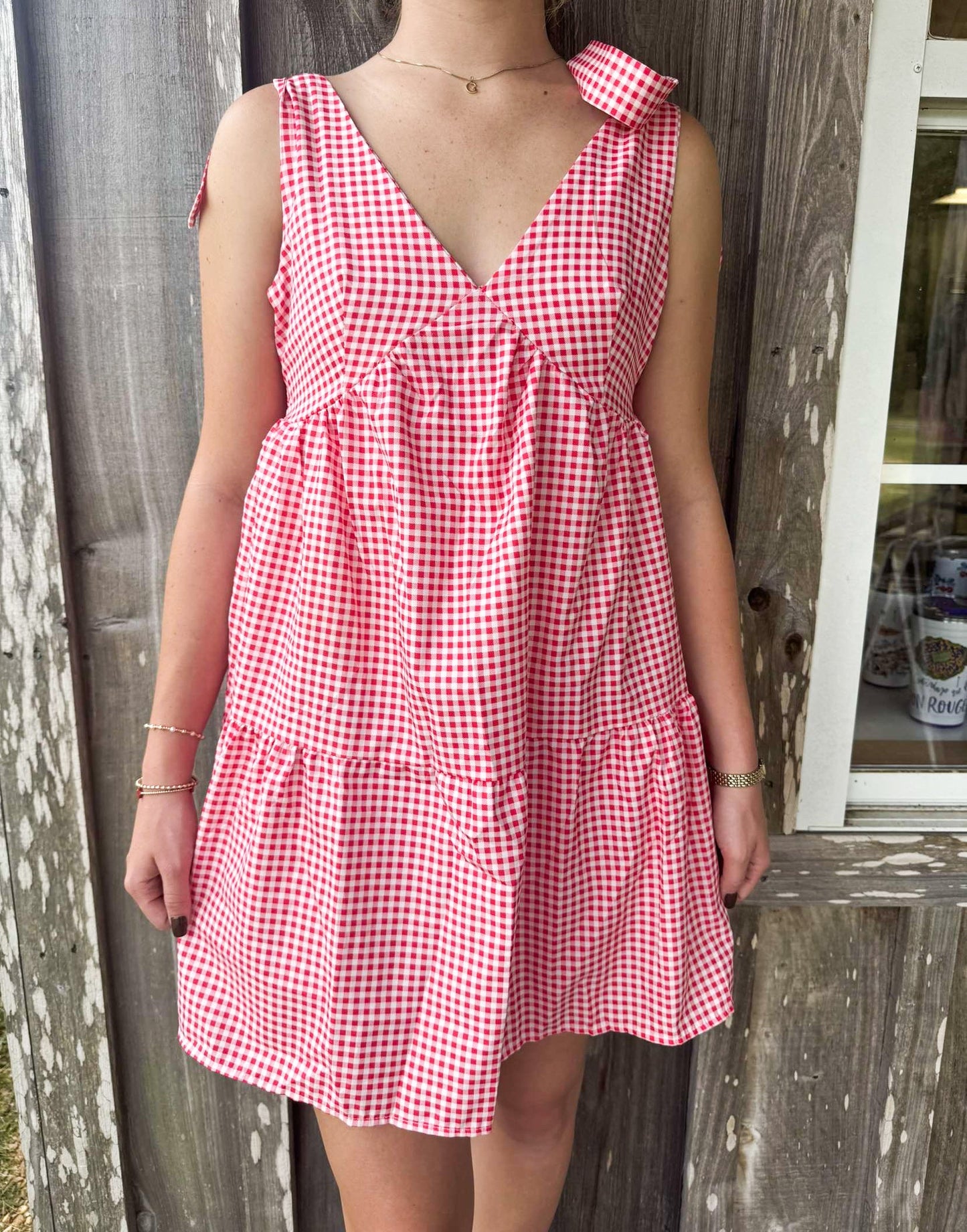 Red Plaid Bow-Strap V-Neck Ruffled Mini Dress Rosa Clothing