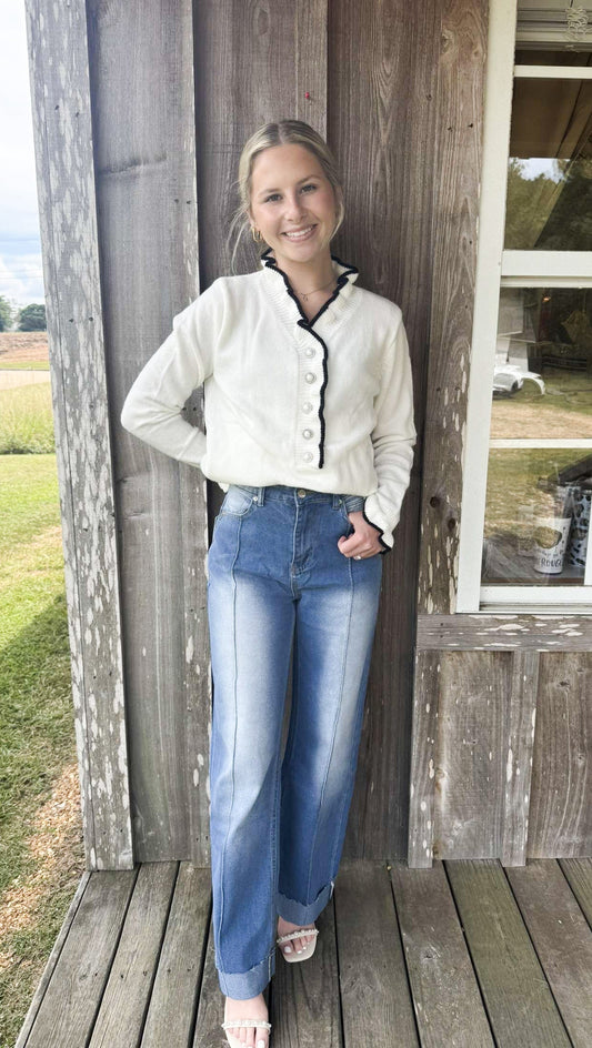 Western Cowboy Inspired Straight Leg Medium Wash Cuff Jeans Rosa Clothing
