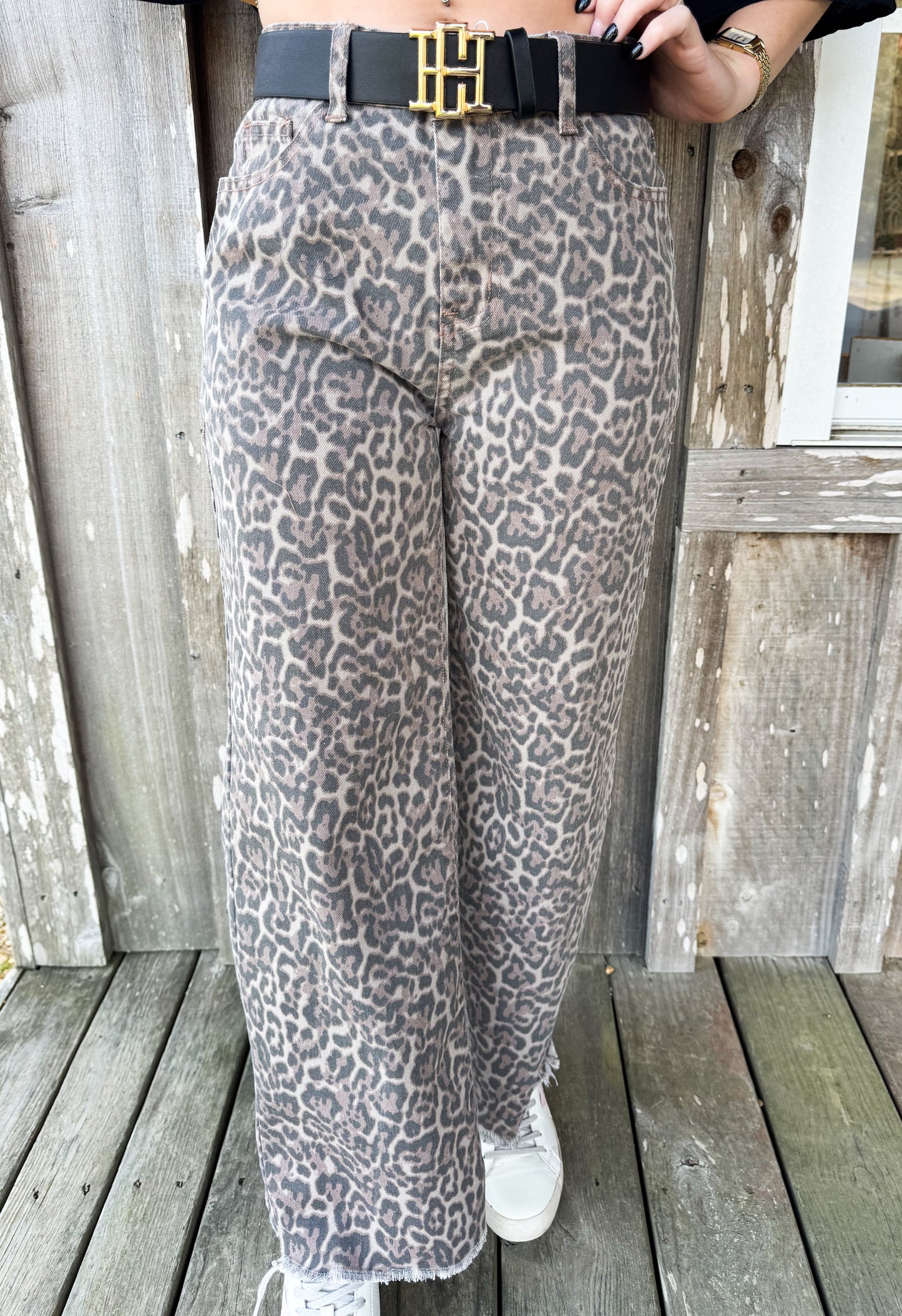 Leopard Frayed Edge Wide Leg High Waist Jeans Babs + Birdie