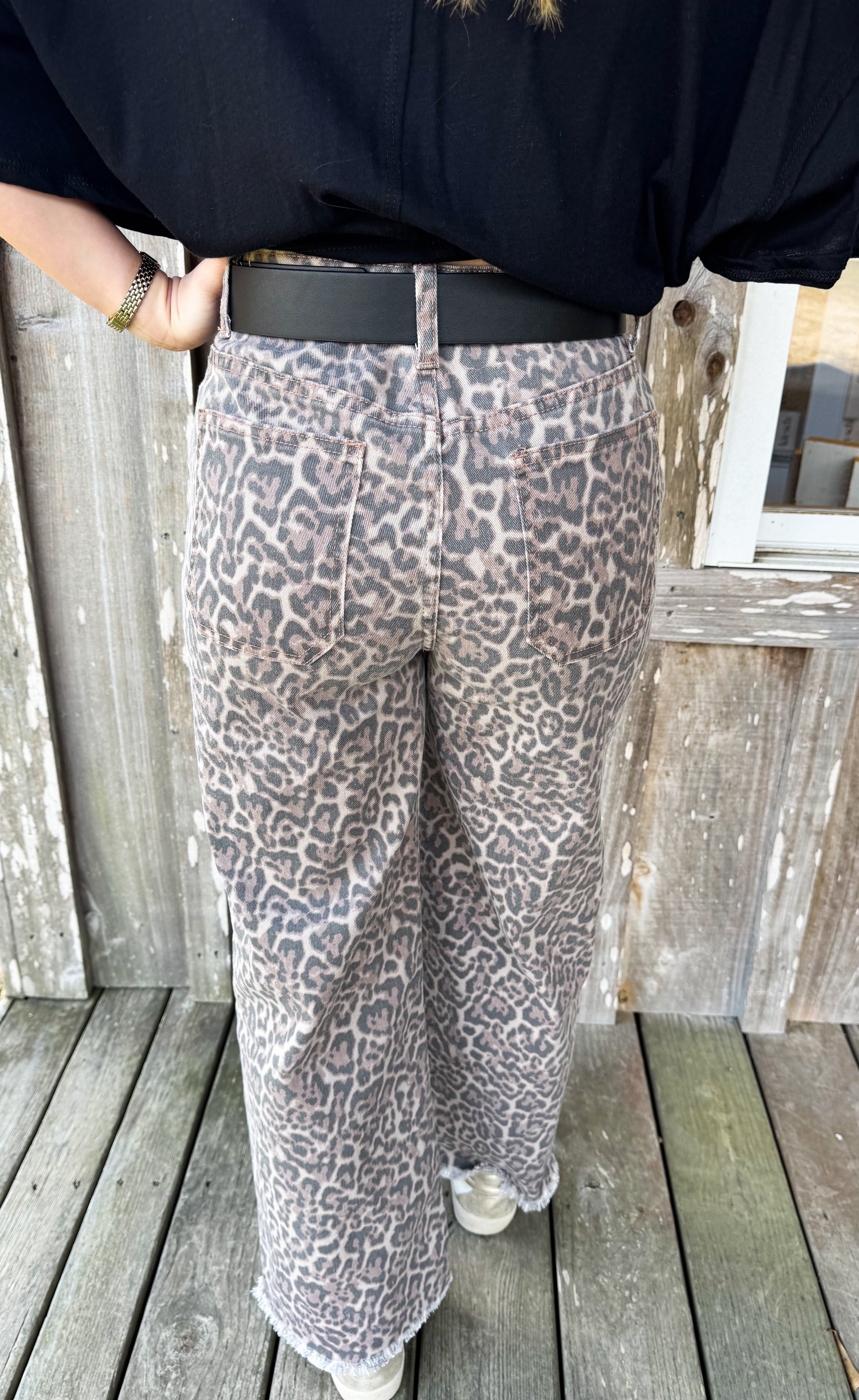Leopard Frayed Edge Wide Leg High Waist Jeans Babs + Birdie