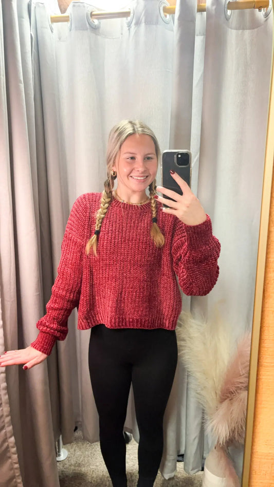 CHENILLE ROUND NECK CROP SWEATER zenana