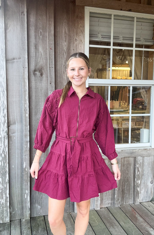 Day + Moon Collared Zip-up Mini Dress W/ Belt & Tiered Skirt day & moon