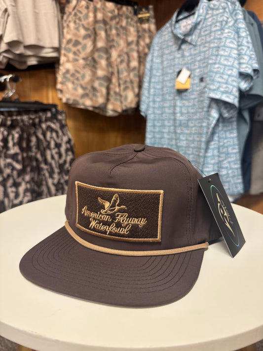 American Flyway Waterfowl Throwback Vintage Rope Hat Brown with Patch and Tan Rope American Flyway Waterfowl