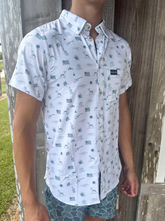 BURLEBO PERFORMANCE  AMERICA THE GREAT BUTTON UP SHIRT BURLEBO