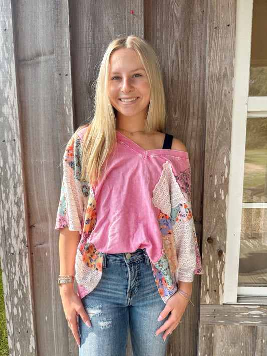 J.Her Bubblegum Mineral Washed  Flower print Crochet pocket Vneck top J.Her