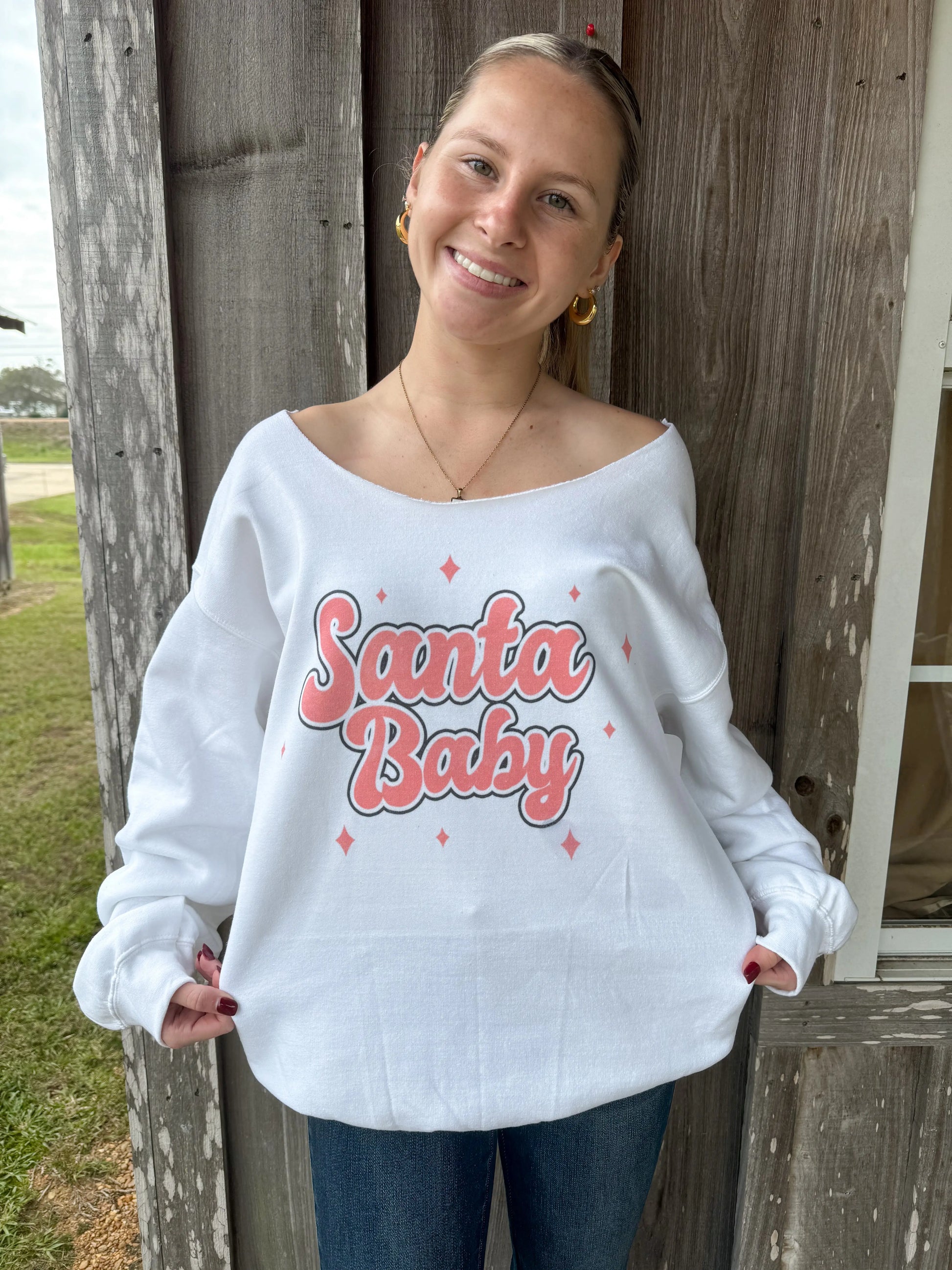 Santa Baby White Graphic Crewneck Off the Shoulder Sweatshirt Bird & Co Wholesale Tees