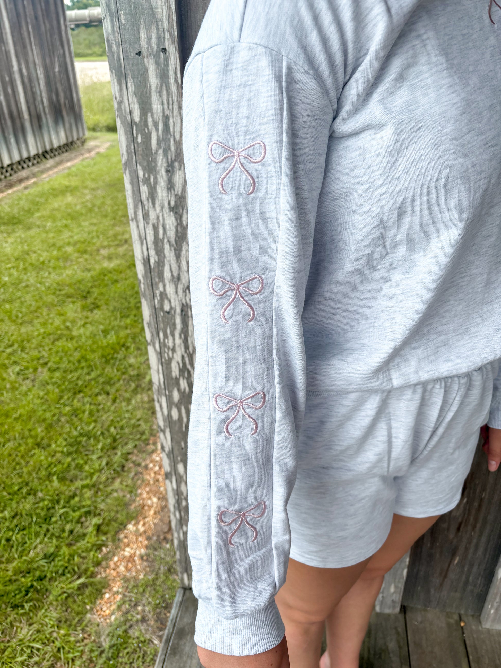 Gray Bow Embroidery Long Sleeve Pullover and Shorts Set LA Society