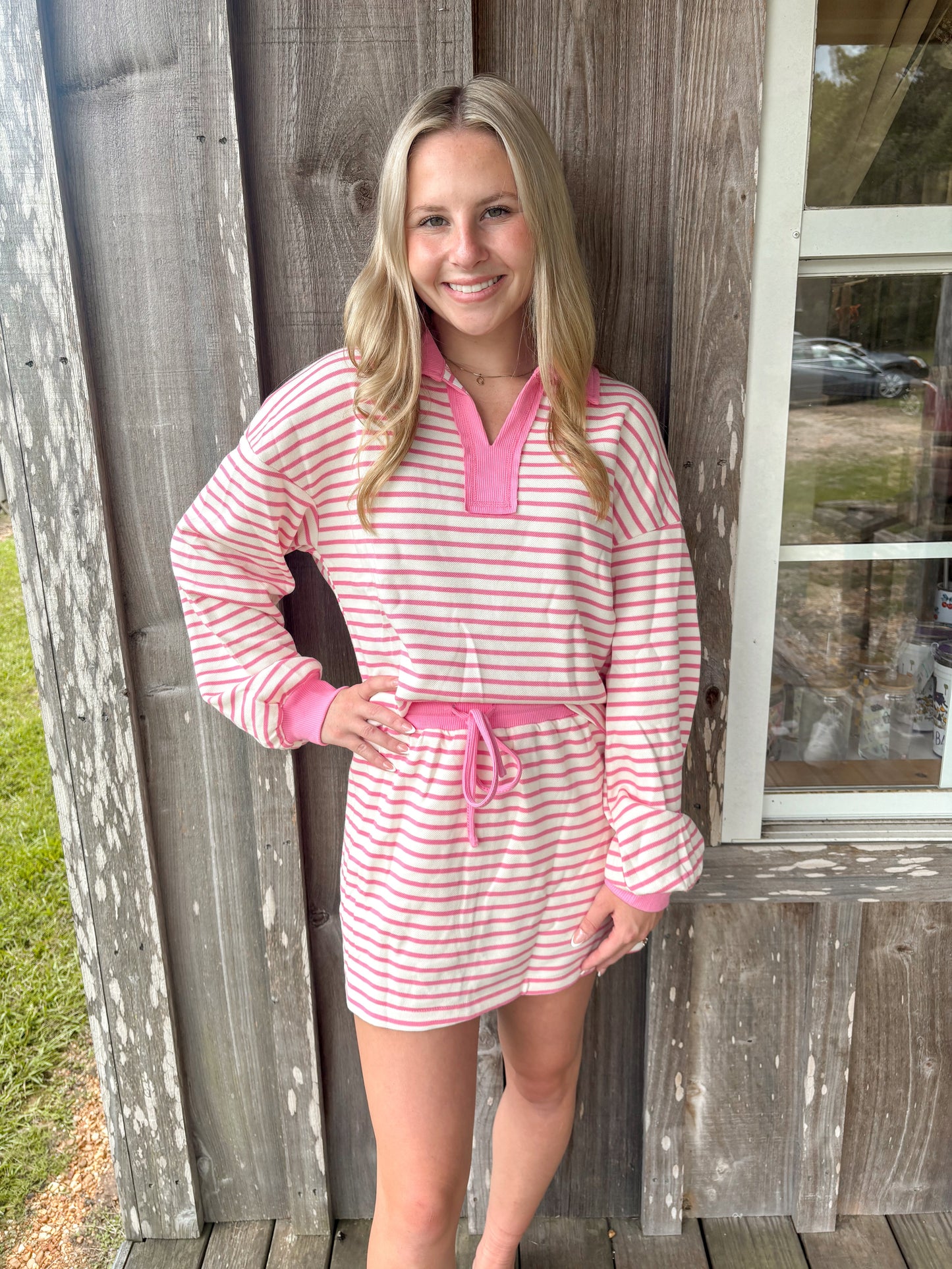 Pink Striped Collared V Neck Pullover and Skirt Set LA Society