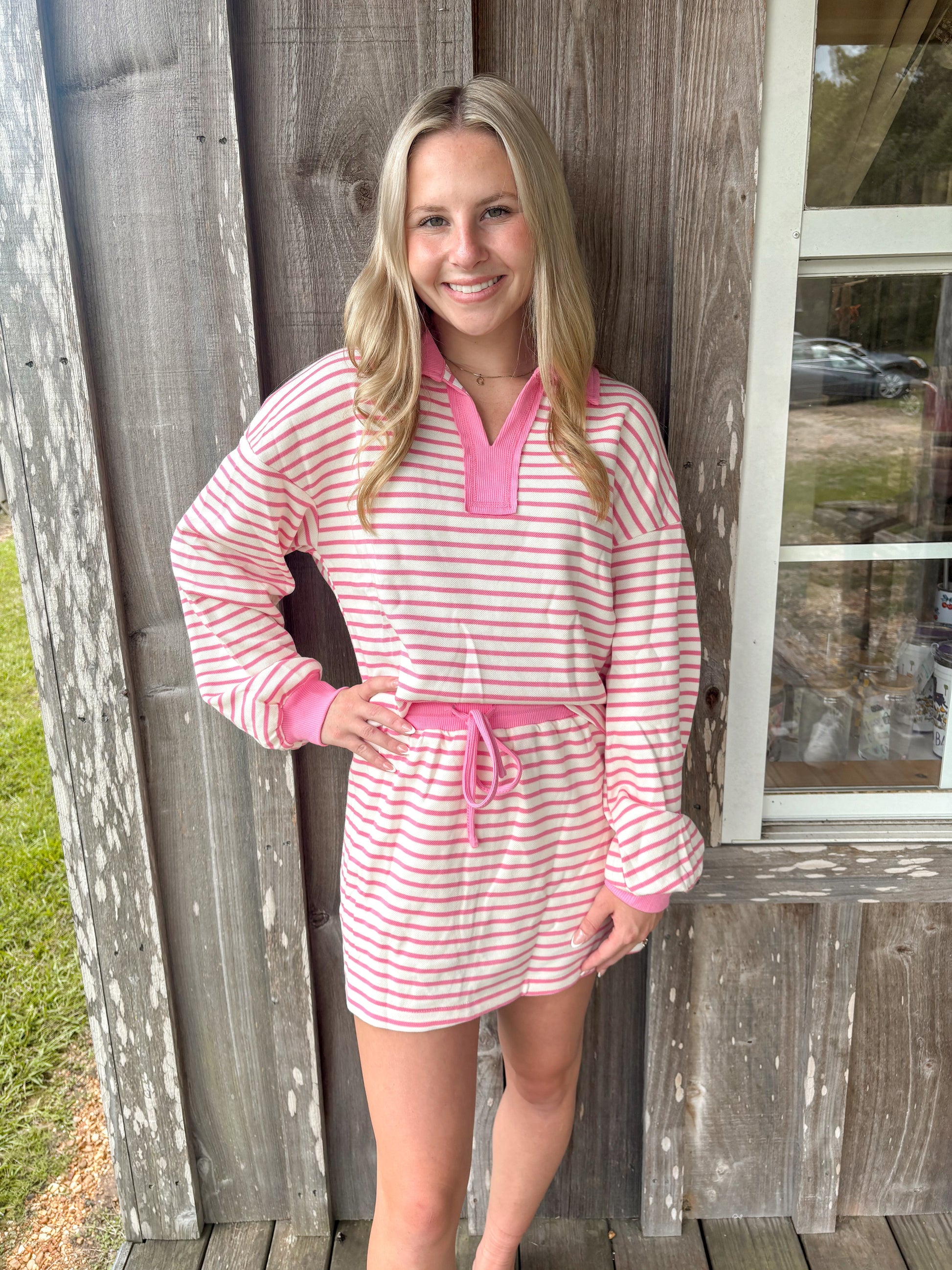 Pink Striped Collared V Neck Pullover and Skirt Set LA Society