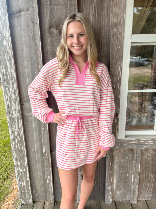 Pink Striped Collared V Neck Pullover and Skirt Set LA Society