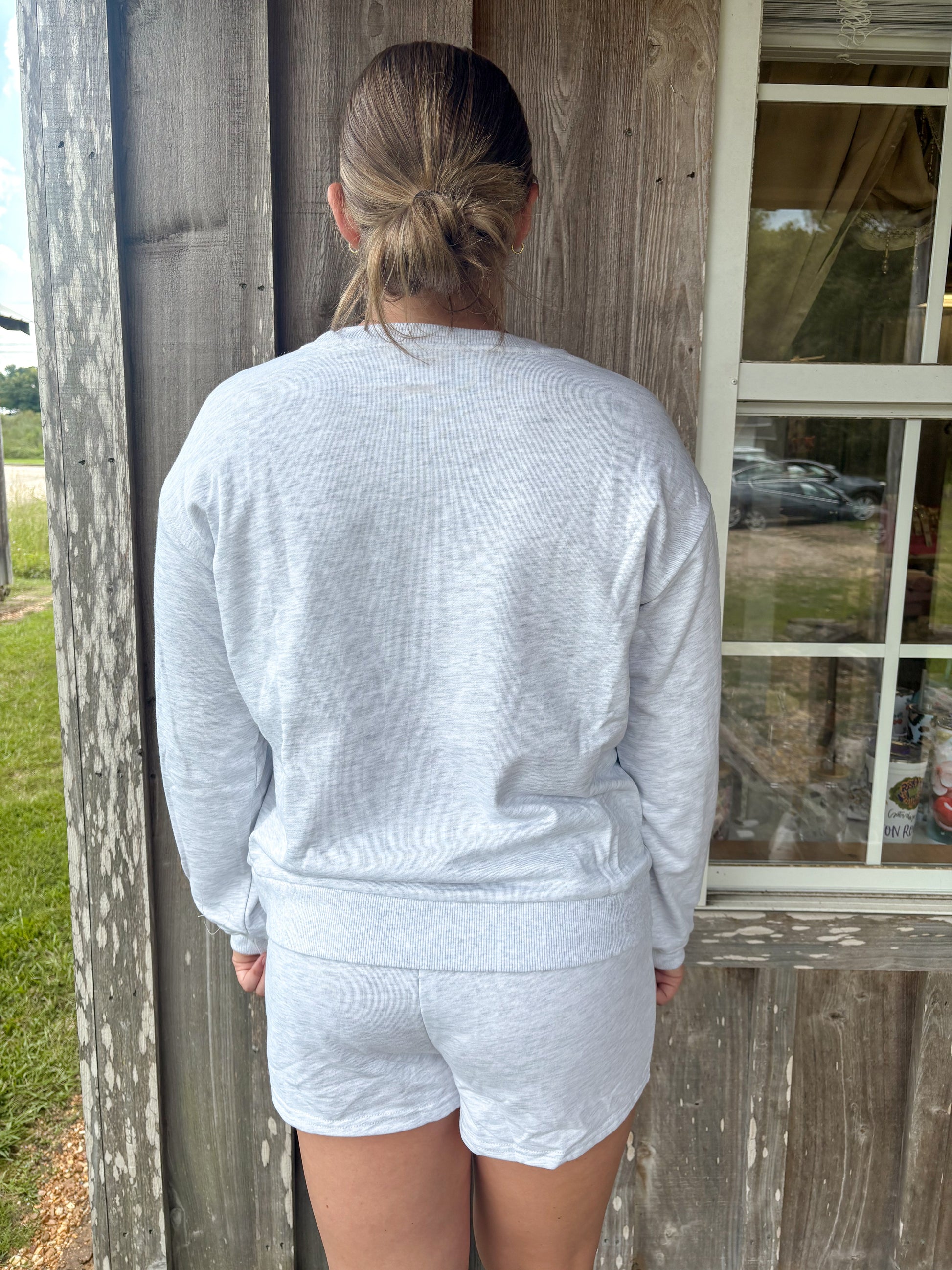 Gray Bow Embroidery Long Sleeve Pullover and Shorts Set LA Society