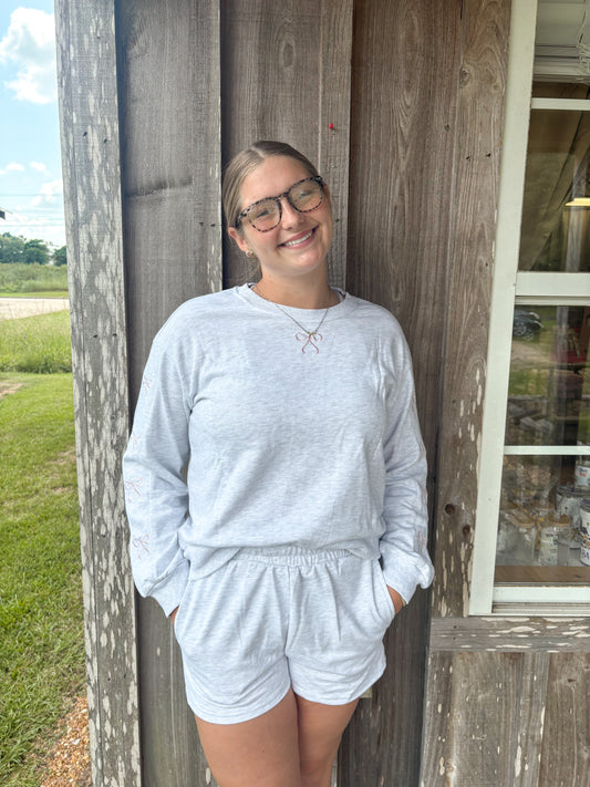 Gray Bow Embroidery Long Sleeve Pullover and Shorts Set LA Society