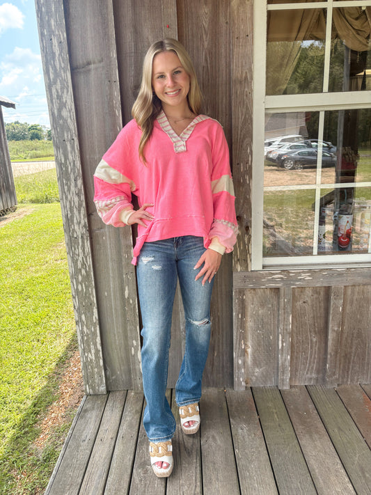 BUCKETLIST Neon Pink French Terry Knit Color-block Collared Tunic Top BUCKETLIST