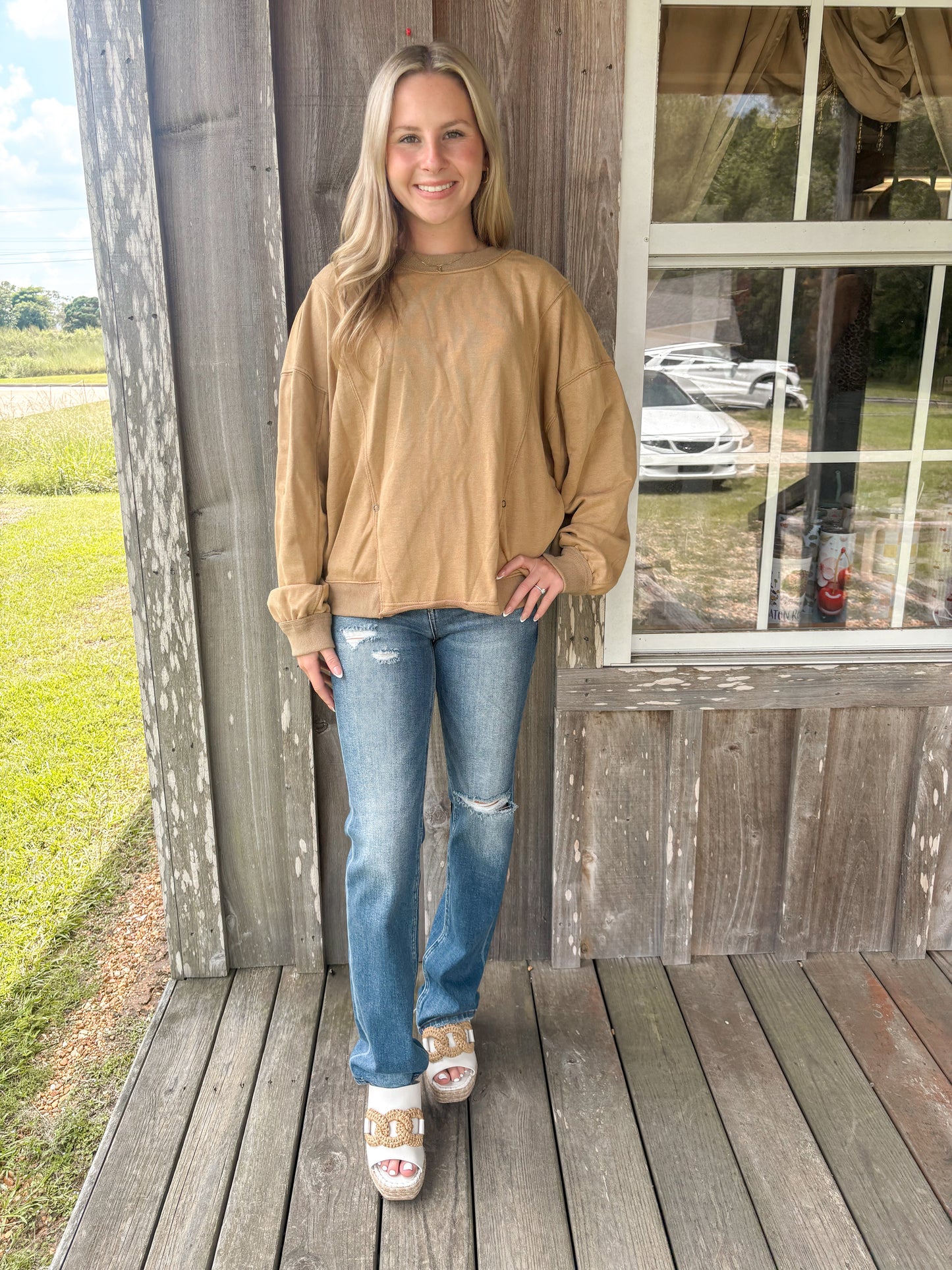 BUCKETLIST Taupe Reversible Twist-Front Washed Terry Sweatshirt Top BUCKETLIST