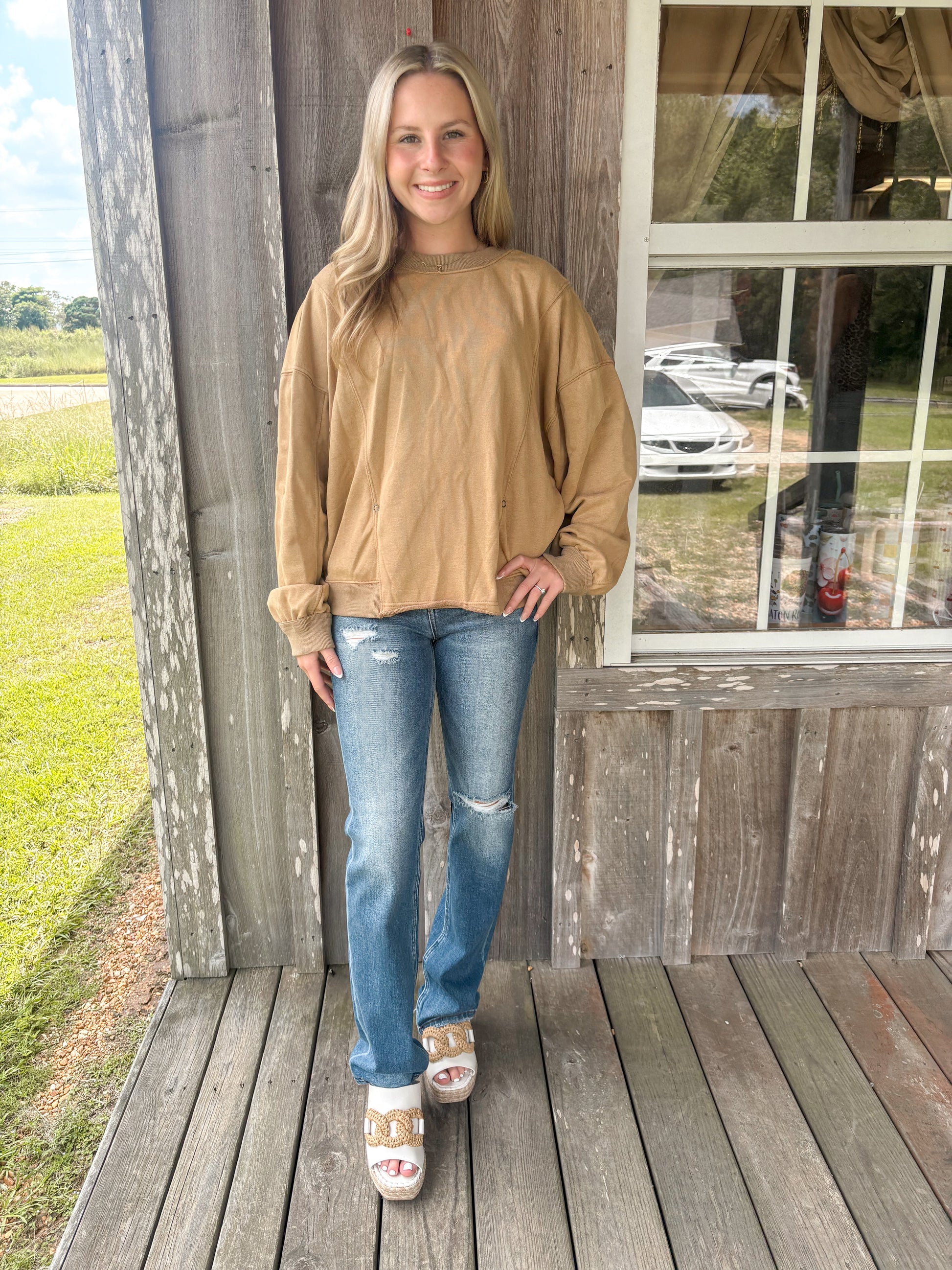 BUCKETLIST Taupe Reversible Twist-Front Washed Terry Sweatshirt Top BUCKETLIST