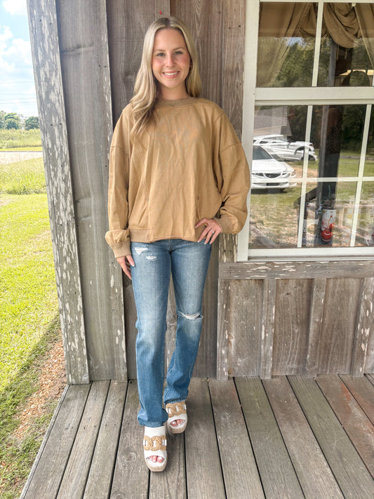 BUCKETLIST Taupe Reversible Twist-Front Washed Terry Sweatshirt Top BUCKETLIST