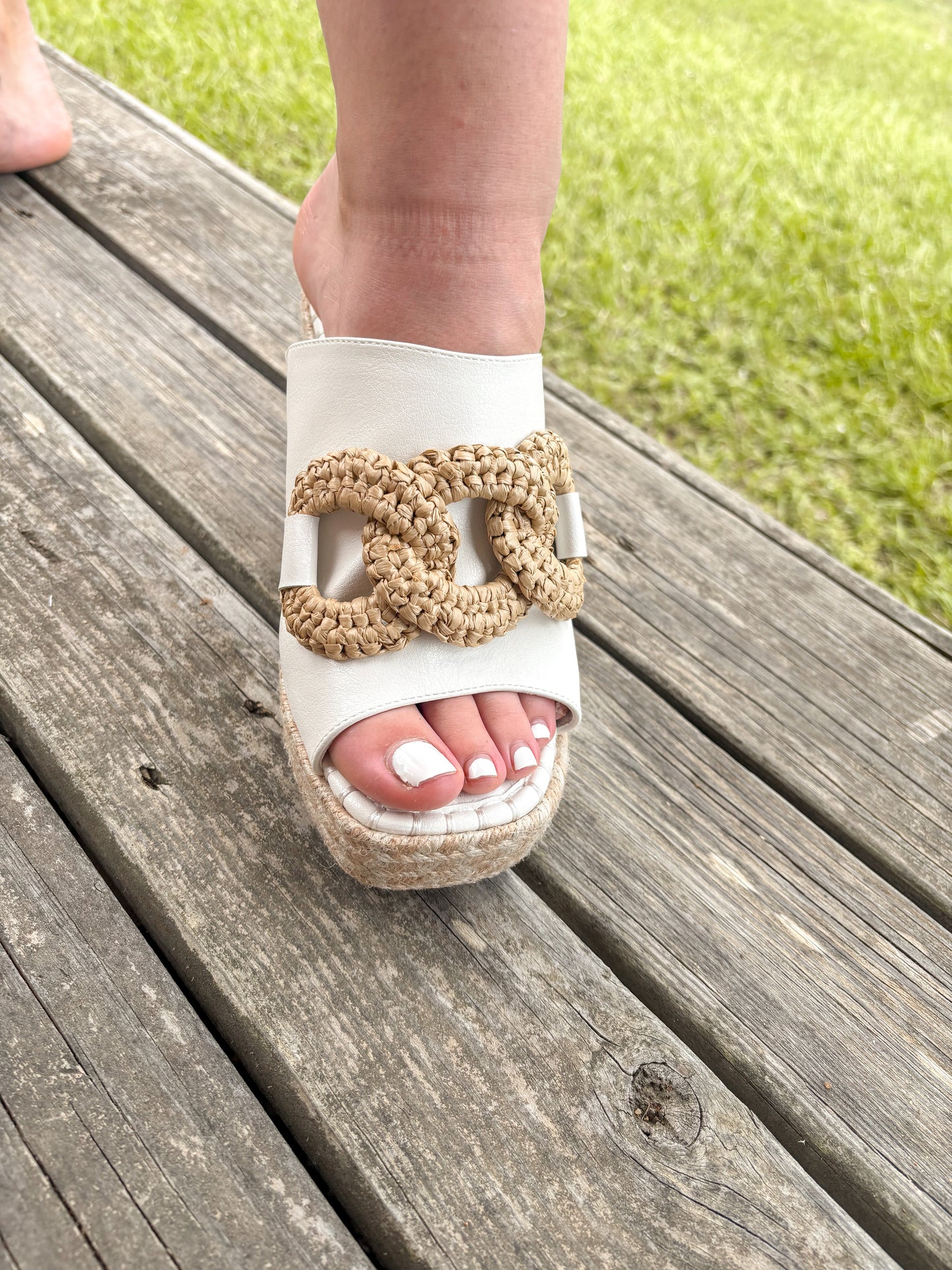 The Aime White Wedge Slide with Raffia OASIS SOCIETY OASIS SOCIETY