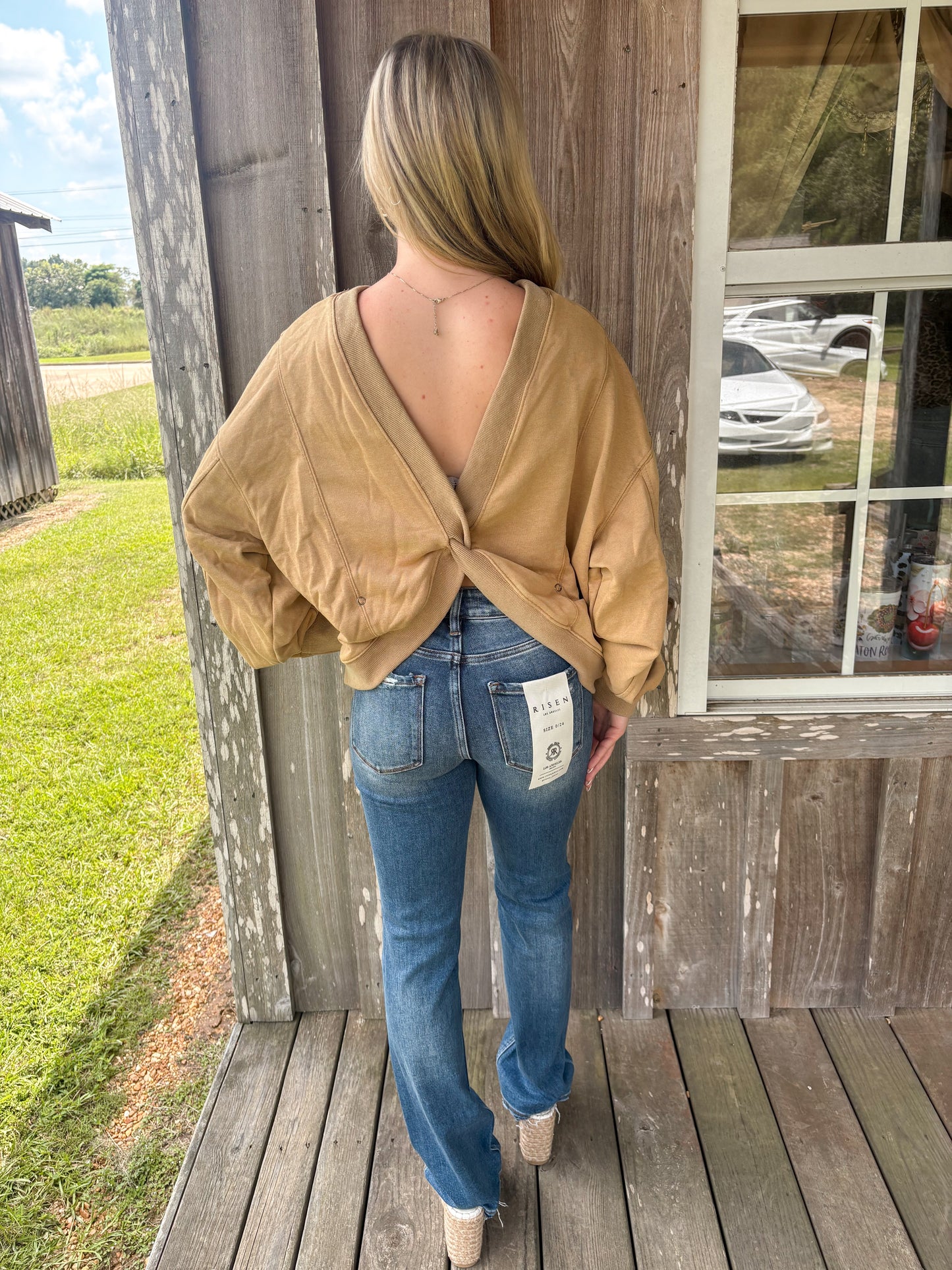 BUCKETLIST Taupe Reversible Twist-Front Washed Terry Sweatshirt Top BUCKETLIST