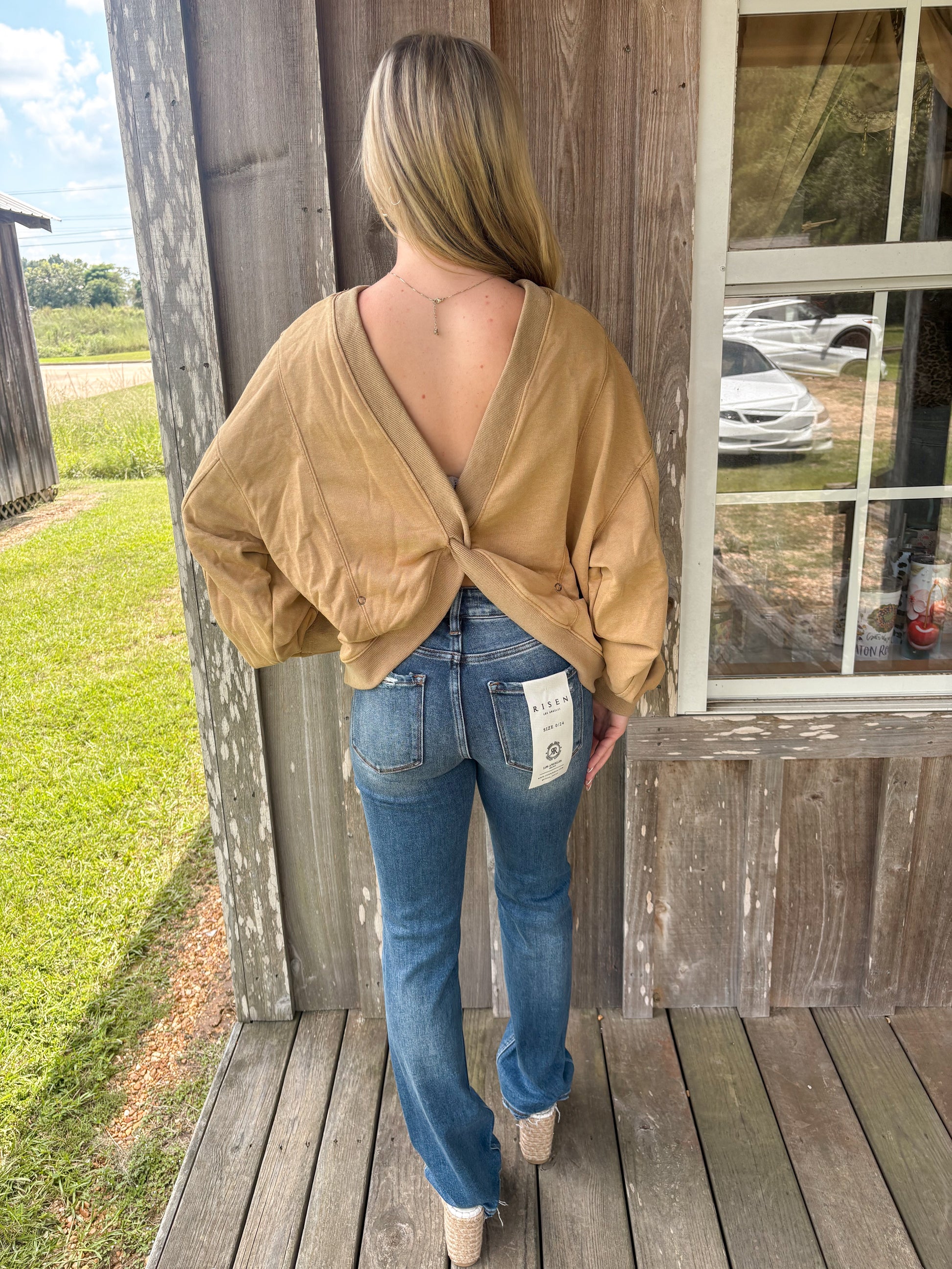BUCKETLIST Taupe Reversible Twist-Front Washed Terry Sweatshirt Top BUCKETLIST