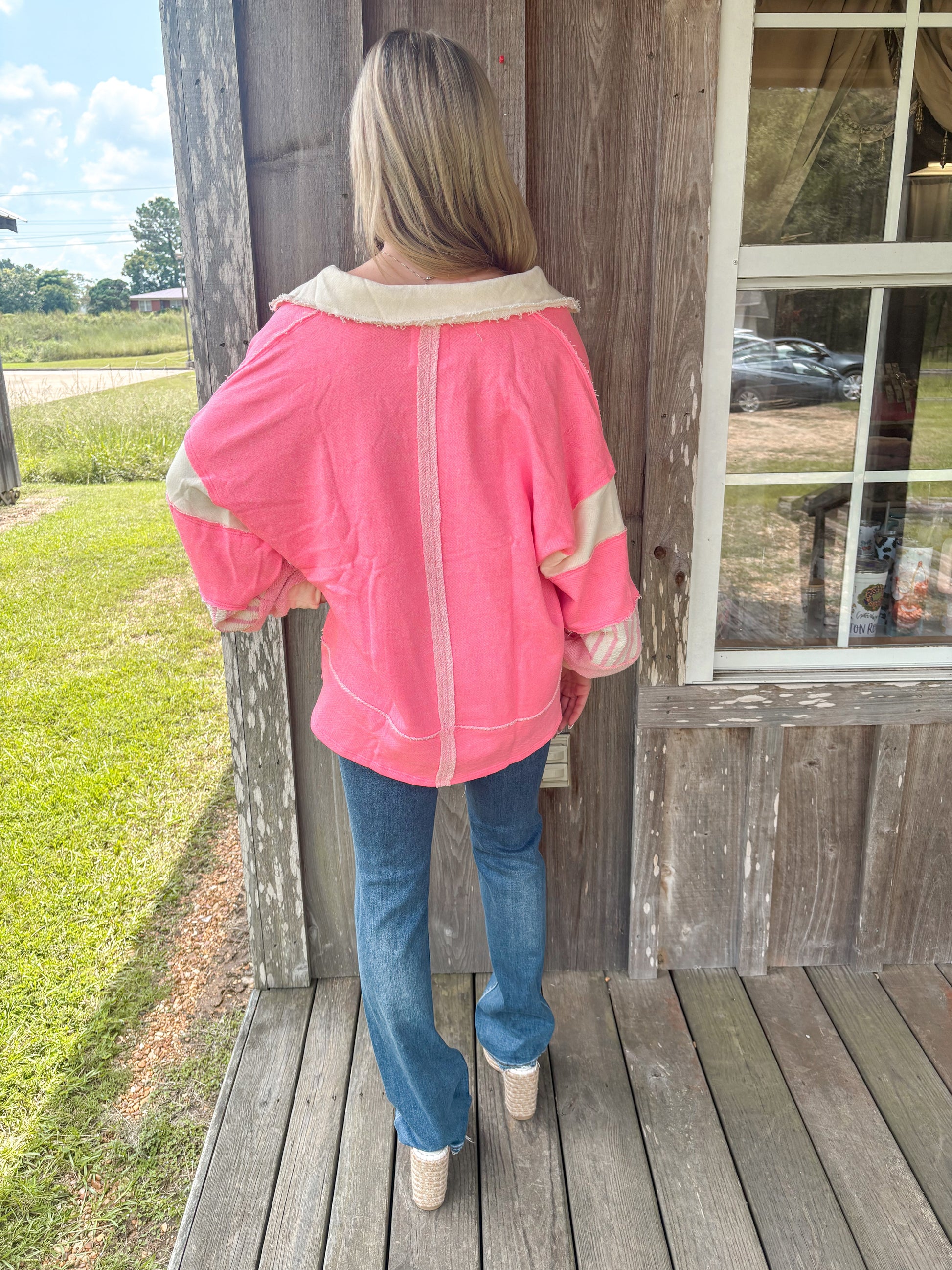 BUCKETLIST Neon Pink French Terry Knit Color-block Collared Tunic Top BUCKETLIST