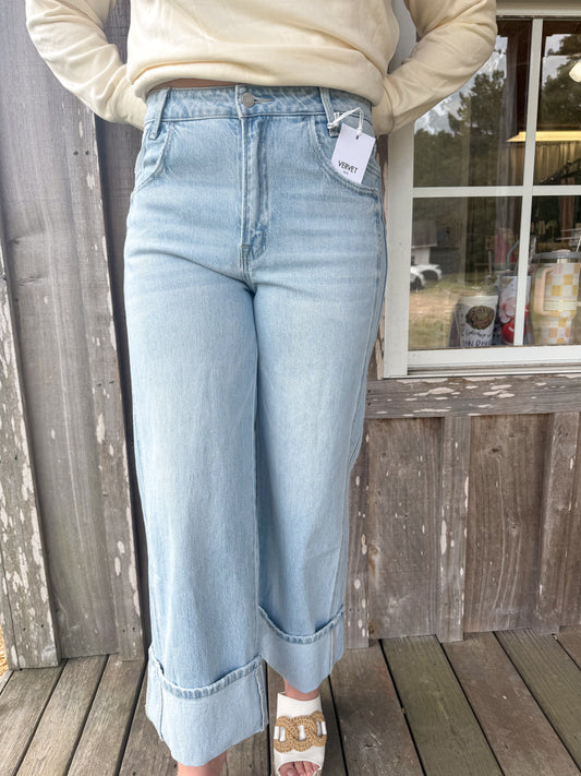 SUPER HIGH RISE CUFFED BAGGY WIDE JEANS STREAMLINED VERVET by FLYING MONKEY