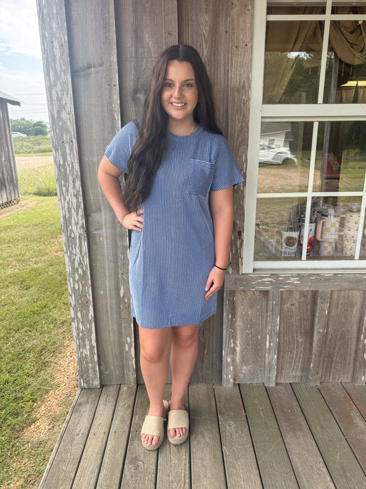 Royal Blue Summer Casual Short-Sleeve T-Shirt Dress with Pockets Lovesoft