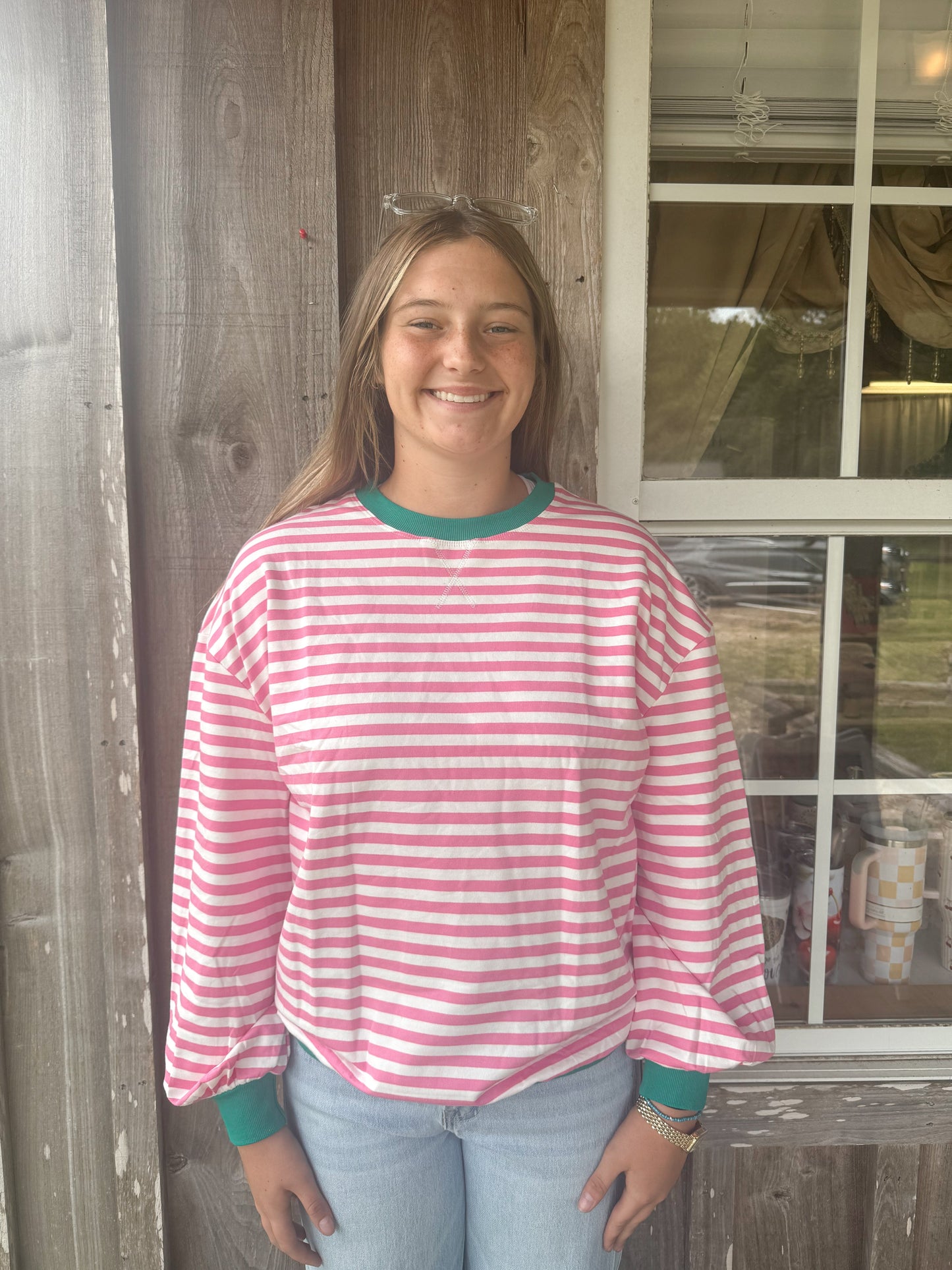 Pink And White Comfortable Crew Neck Striped Color Contrast Pullover Sweatshirt Lovesoft